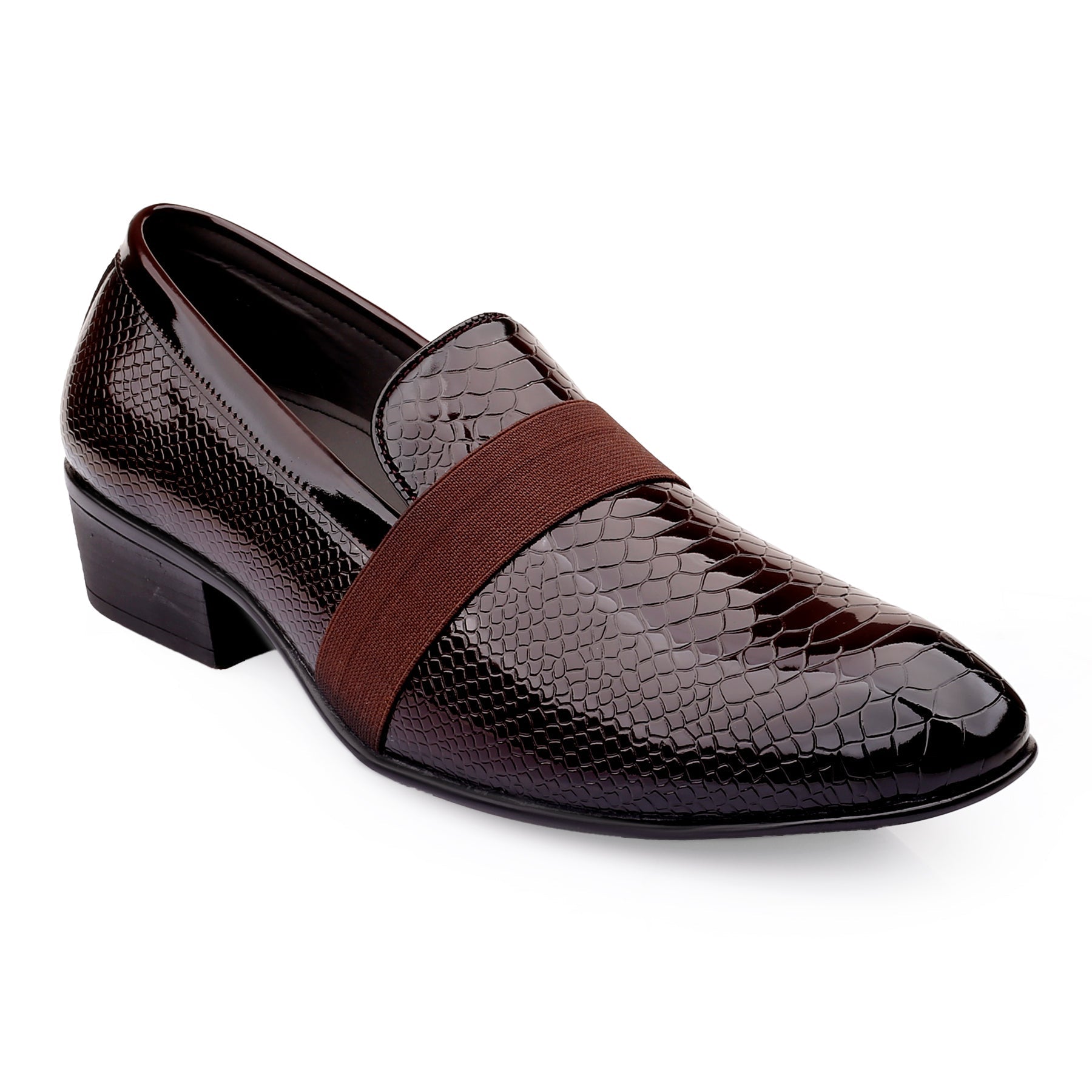 Brown textured loafer shoe with a brown strap on a white background