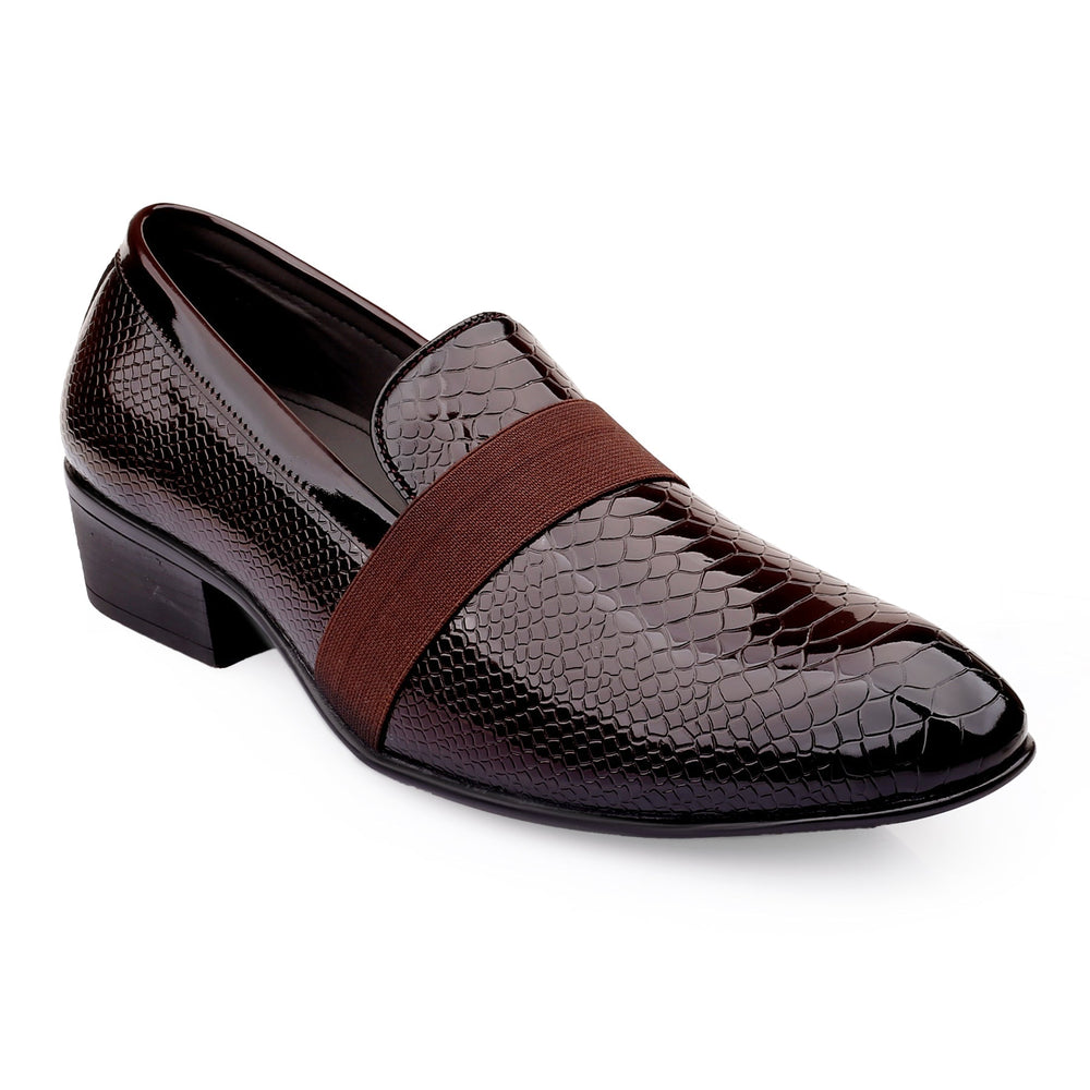Brown textured loafer shoe with a brown strap on a white background