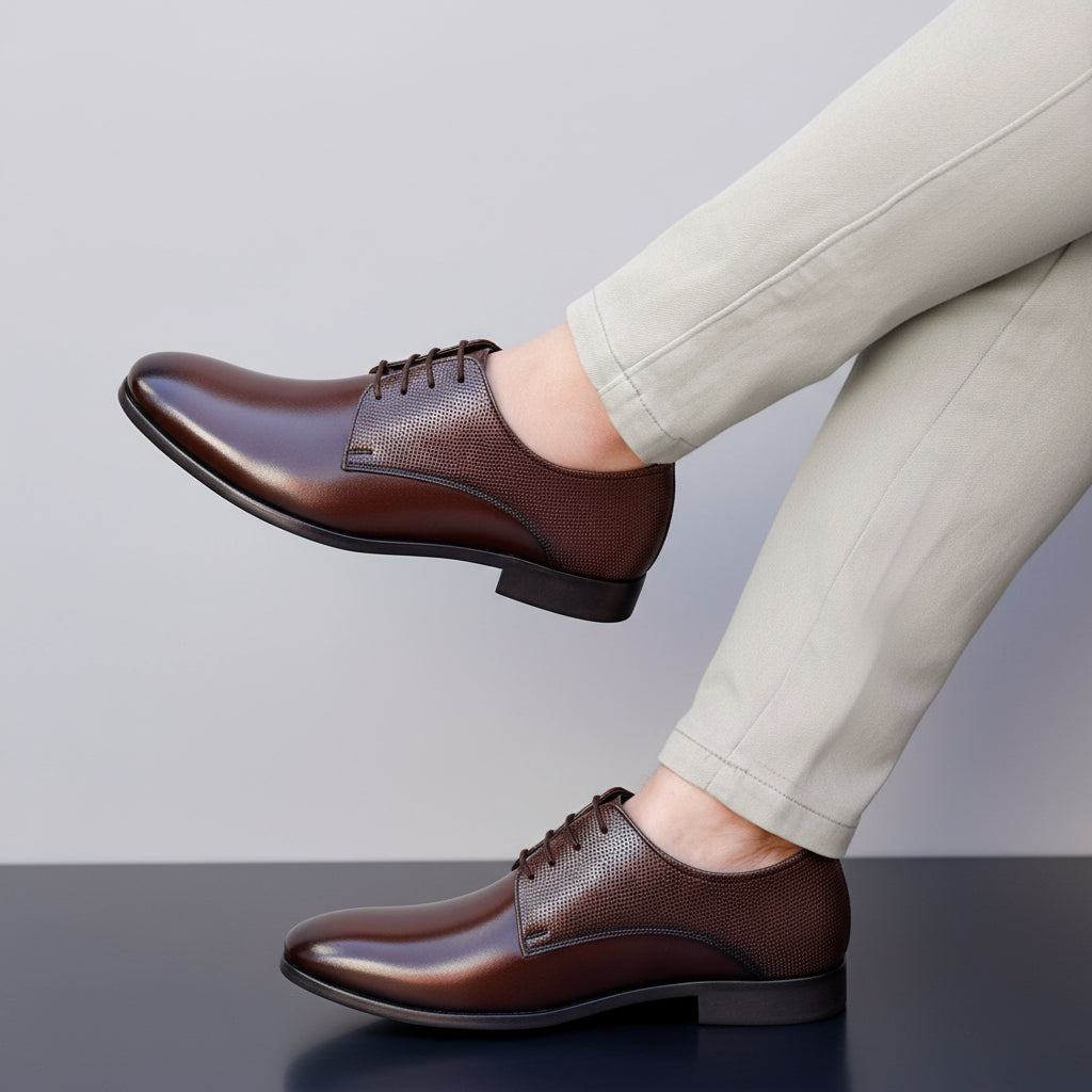 Brown dress shoes worn with light-colored pants on a wooden floor.