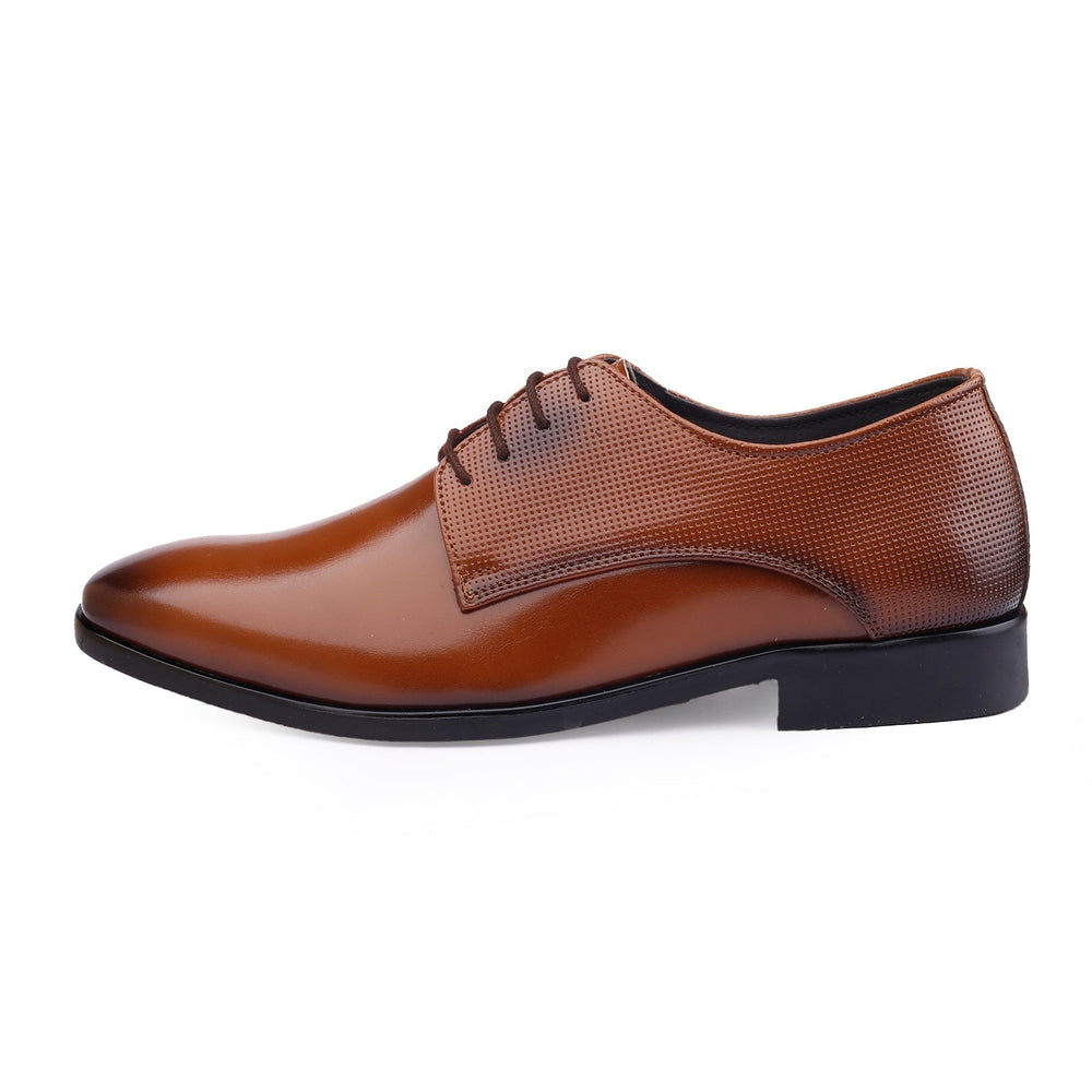 Brown leather dress shoe on a white background