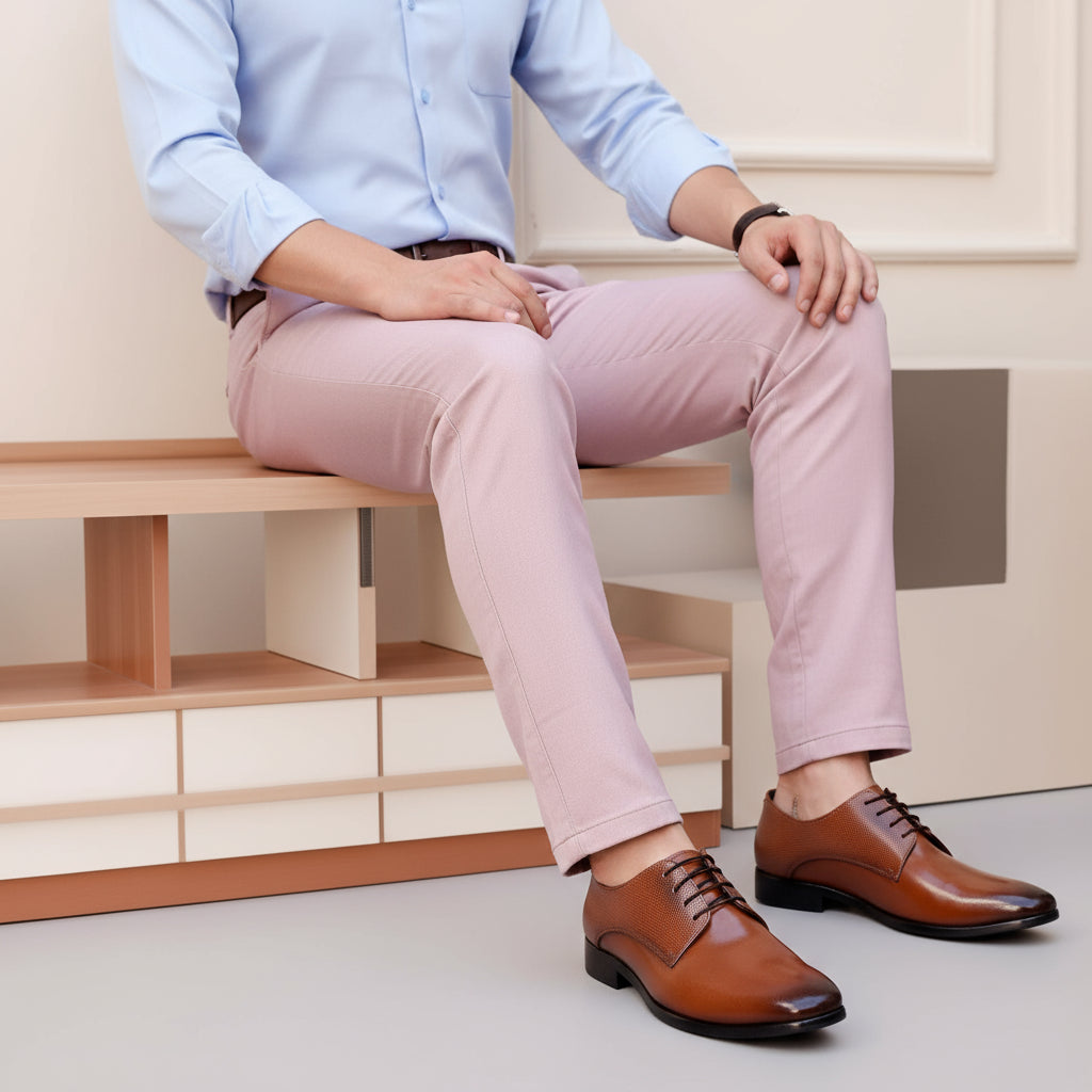 Brown leather shoes worn with light pink pants against a neutral background