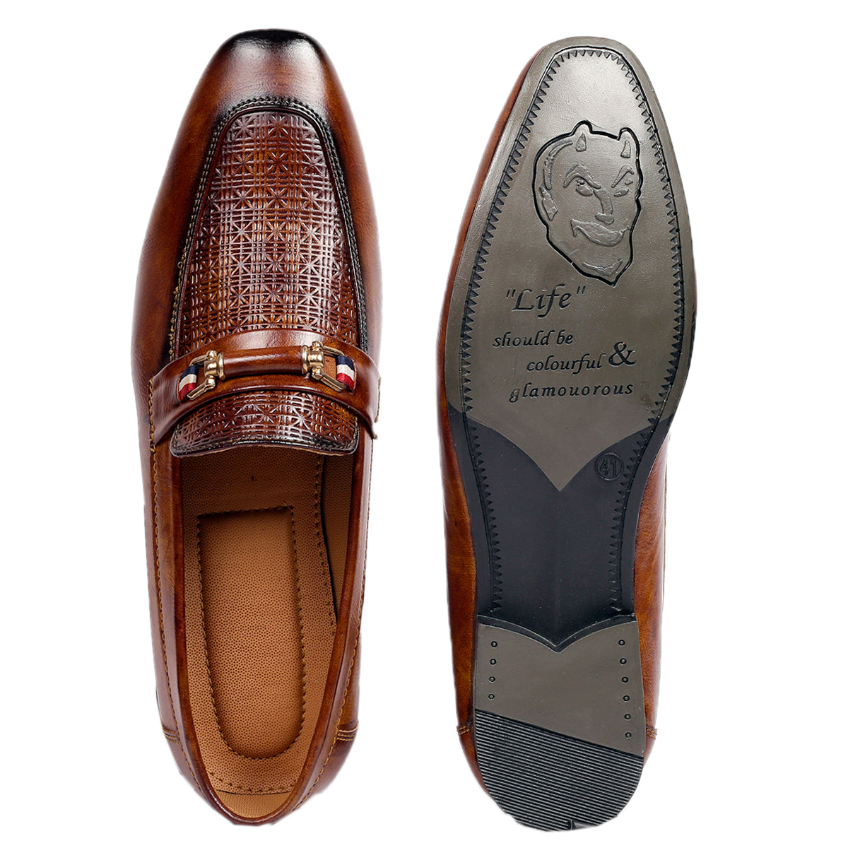 Brown loafer shoe with decorative pattern on the side and a motivational quote on the sole.