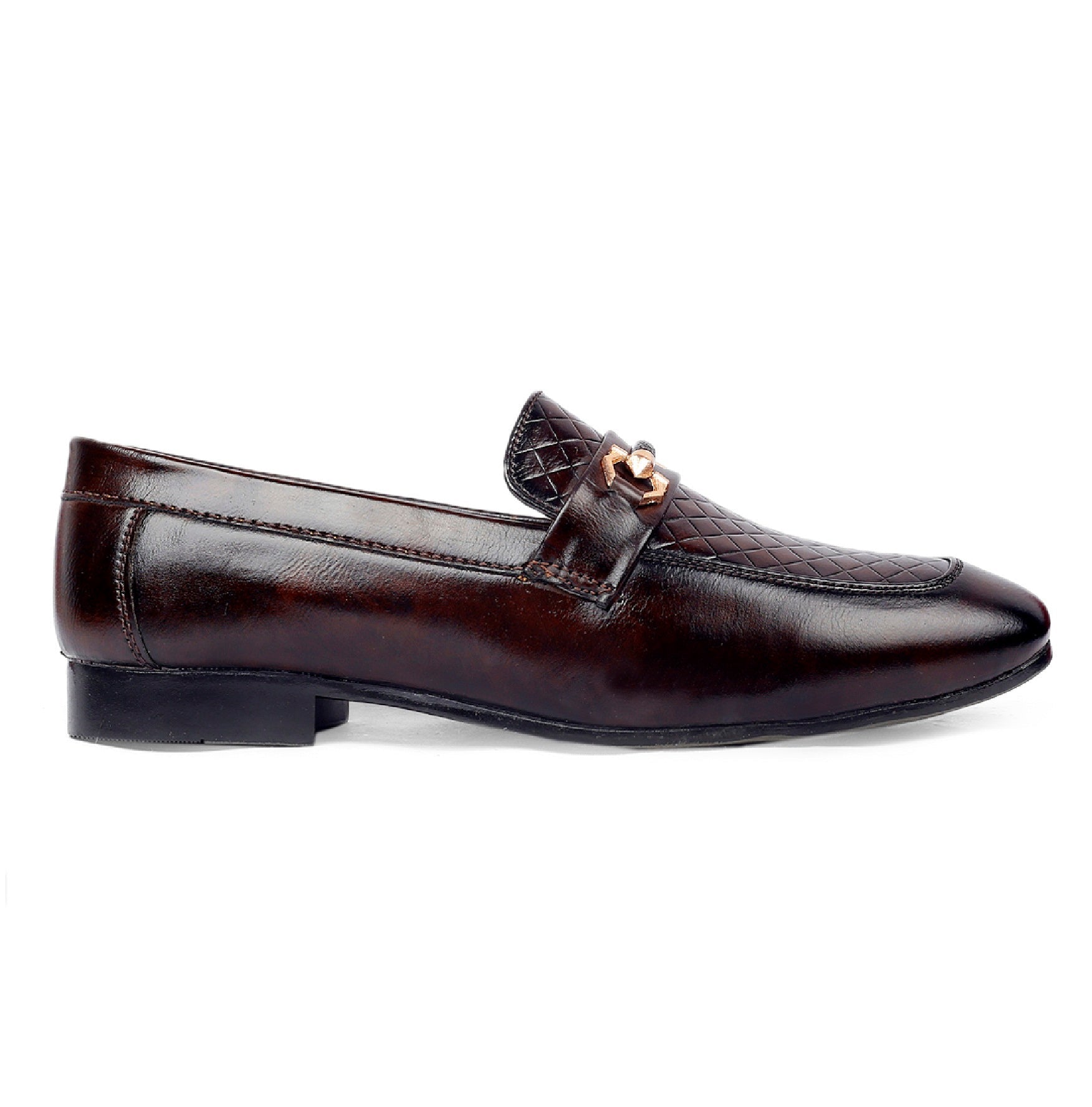 Brown leather loafer with a decorative buckle on a white background