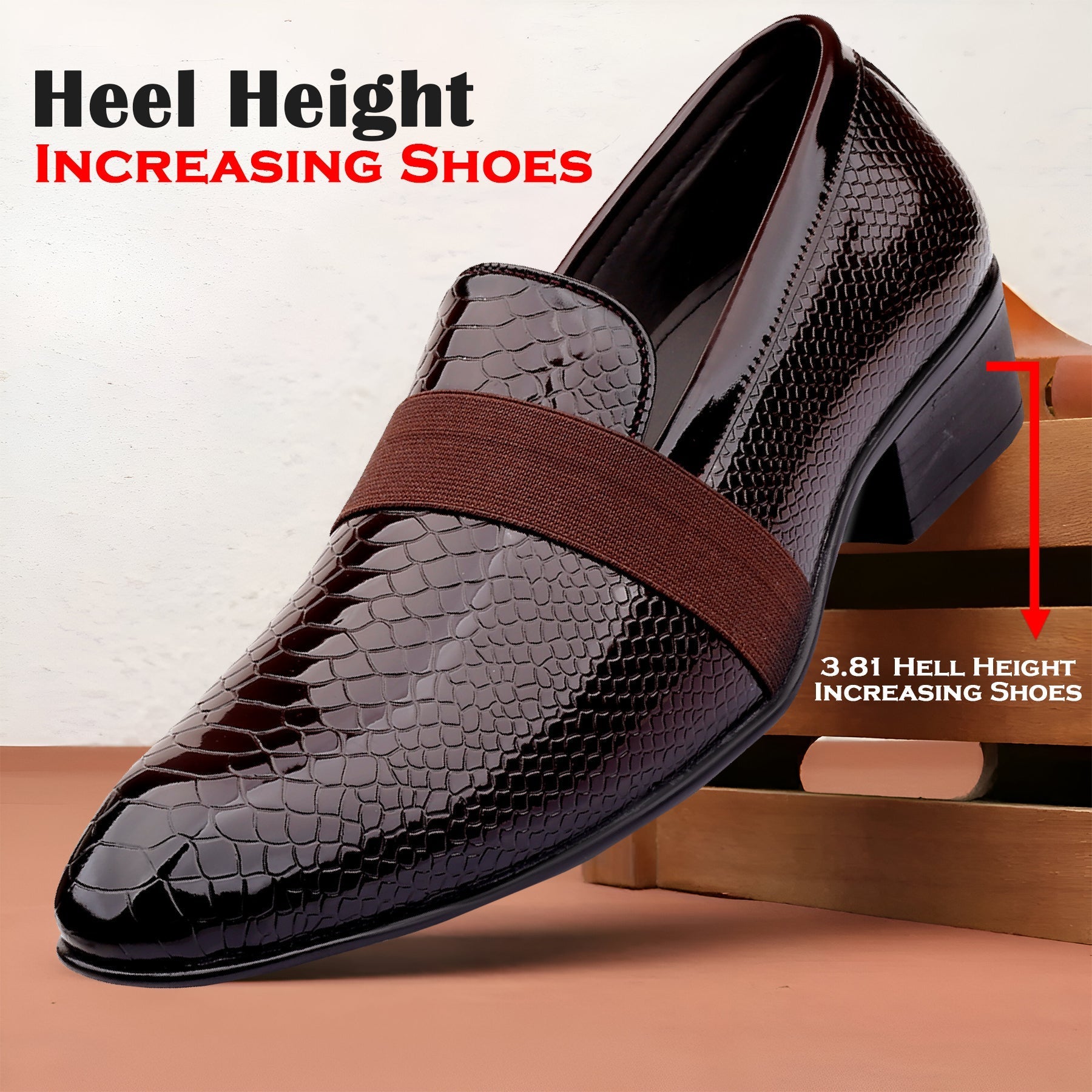 Brown crocodile-patterned shoe with heel height increasing feature on a beige background