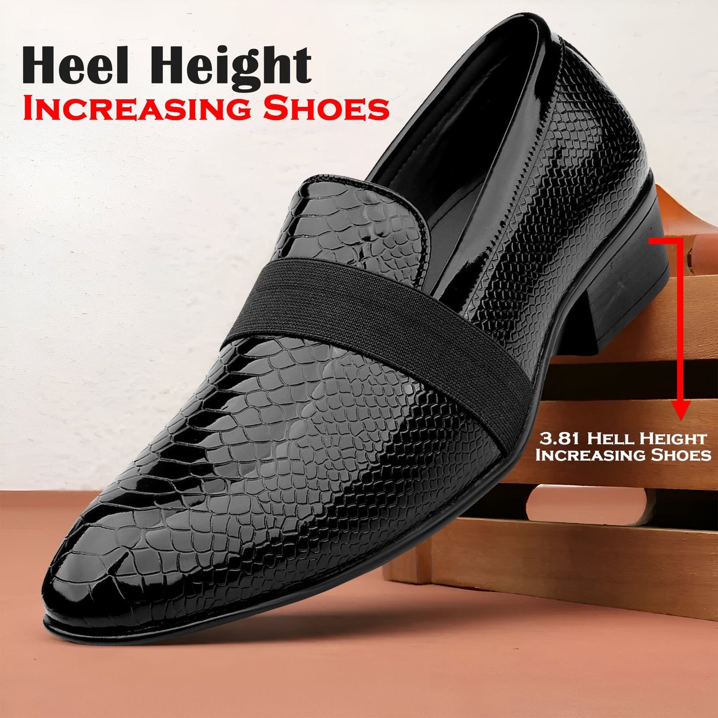 Black patent leather shoe with heel height increasing feature on a wooden surface.