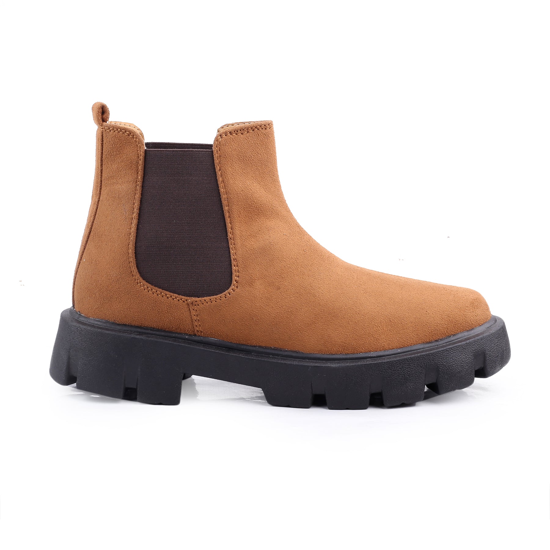 Brown Chelsea boot with black sole on a white background