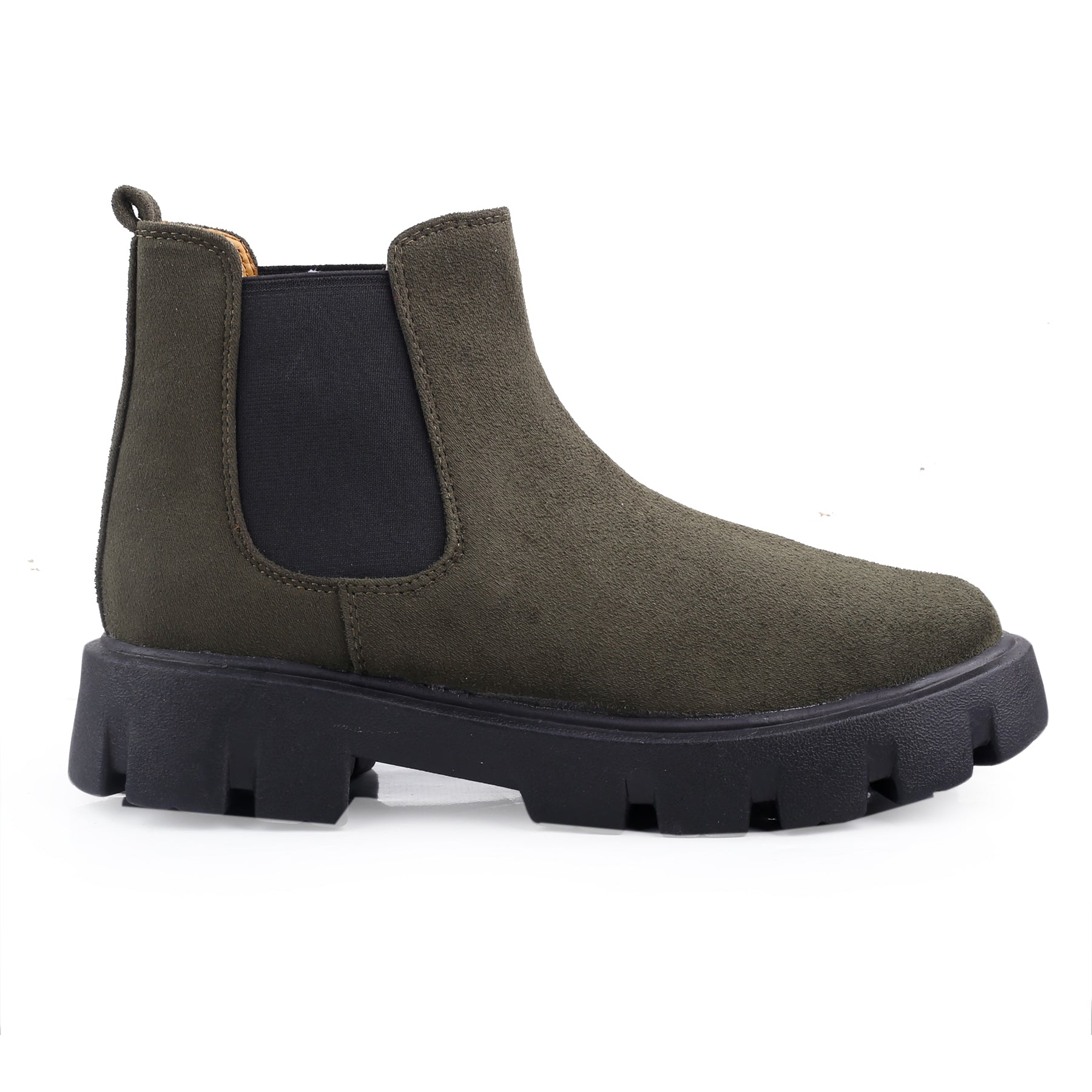 Green Chelsea boot with black sole on a white background