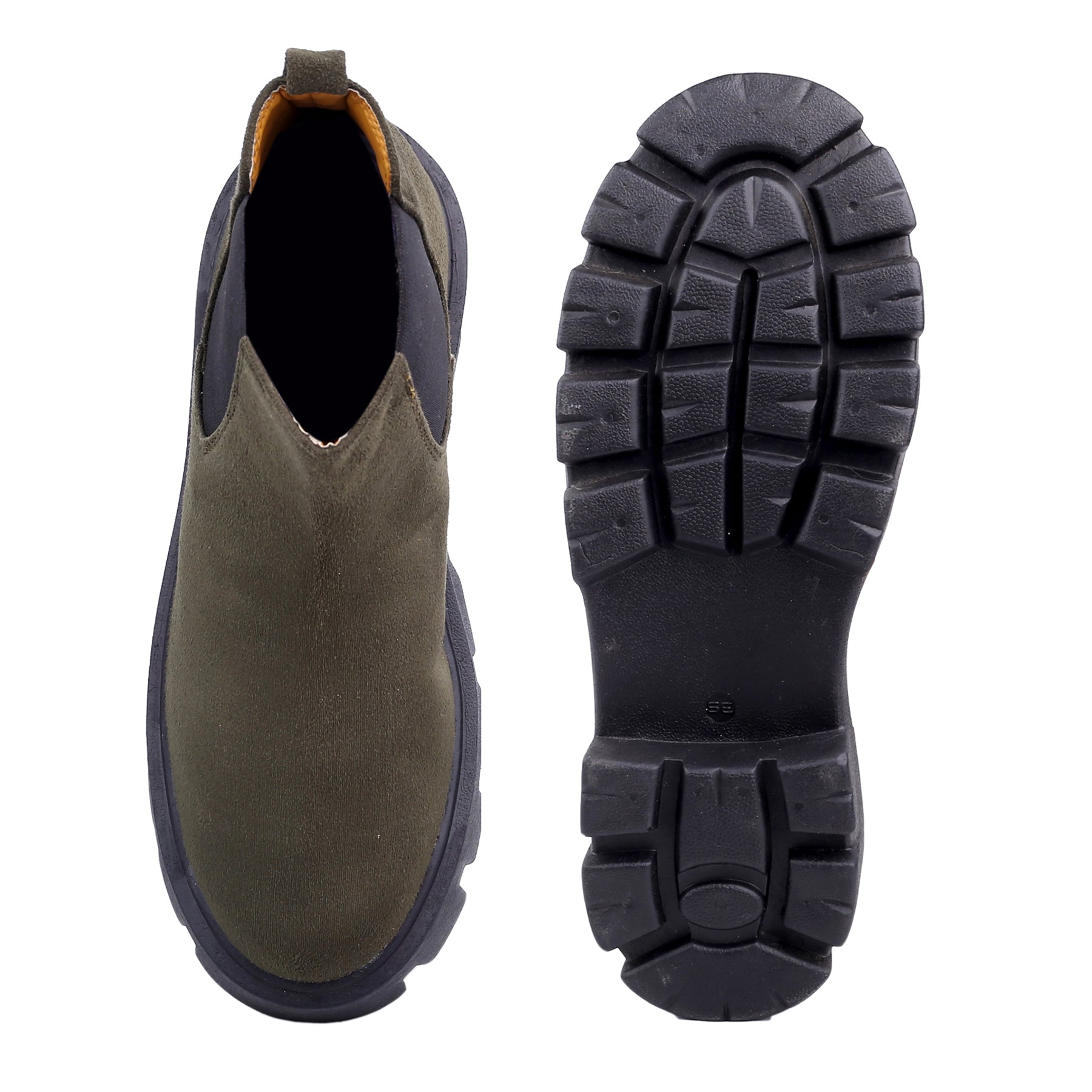 Brown Chelsea boot with black sole on a white background