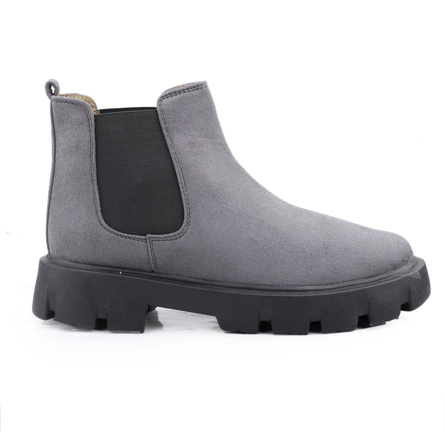 Gray Chelsea boot with a thick sole on a white background