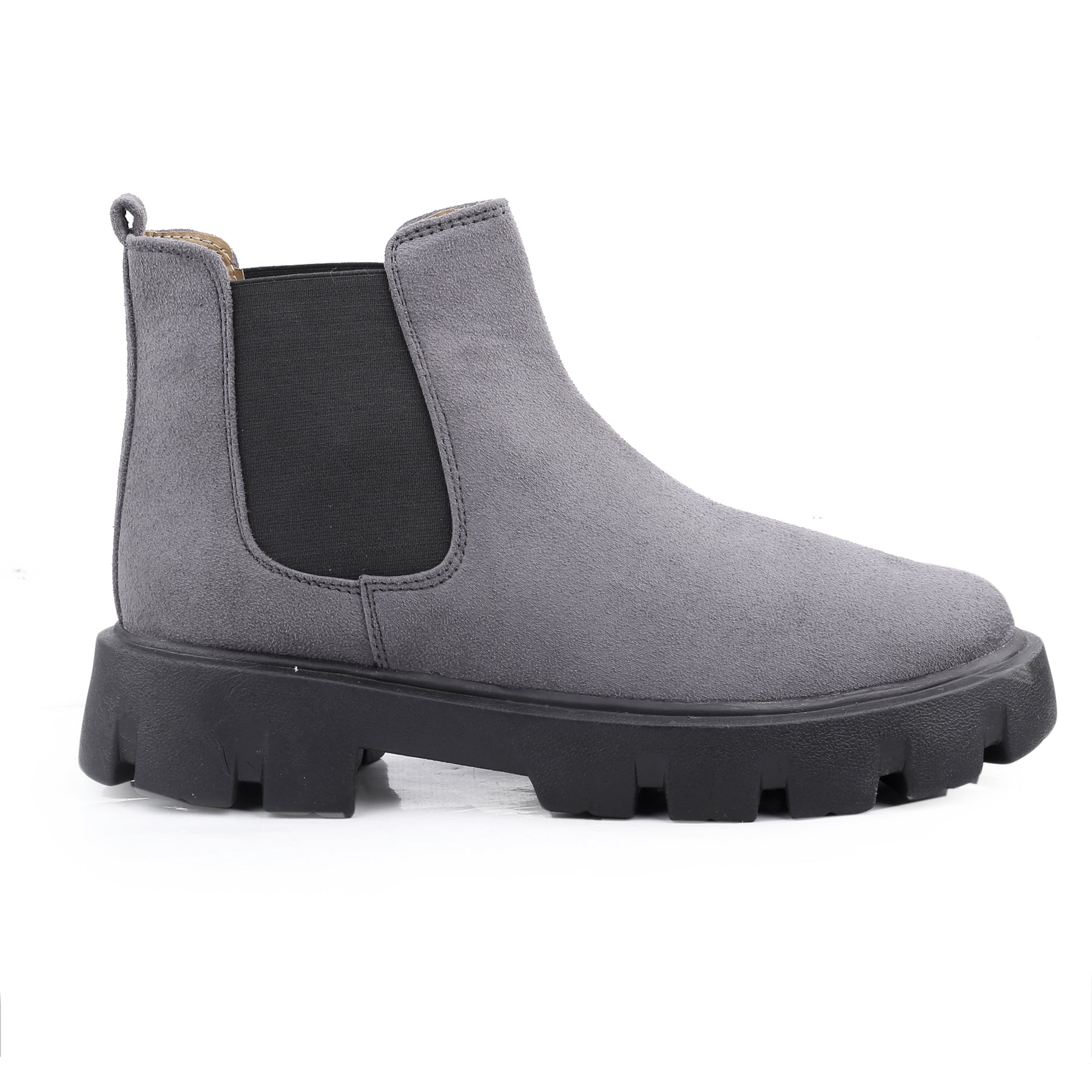Gray Chelsea boot with a thick sole on a white background