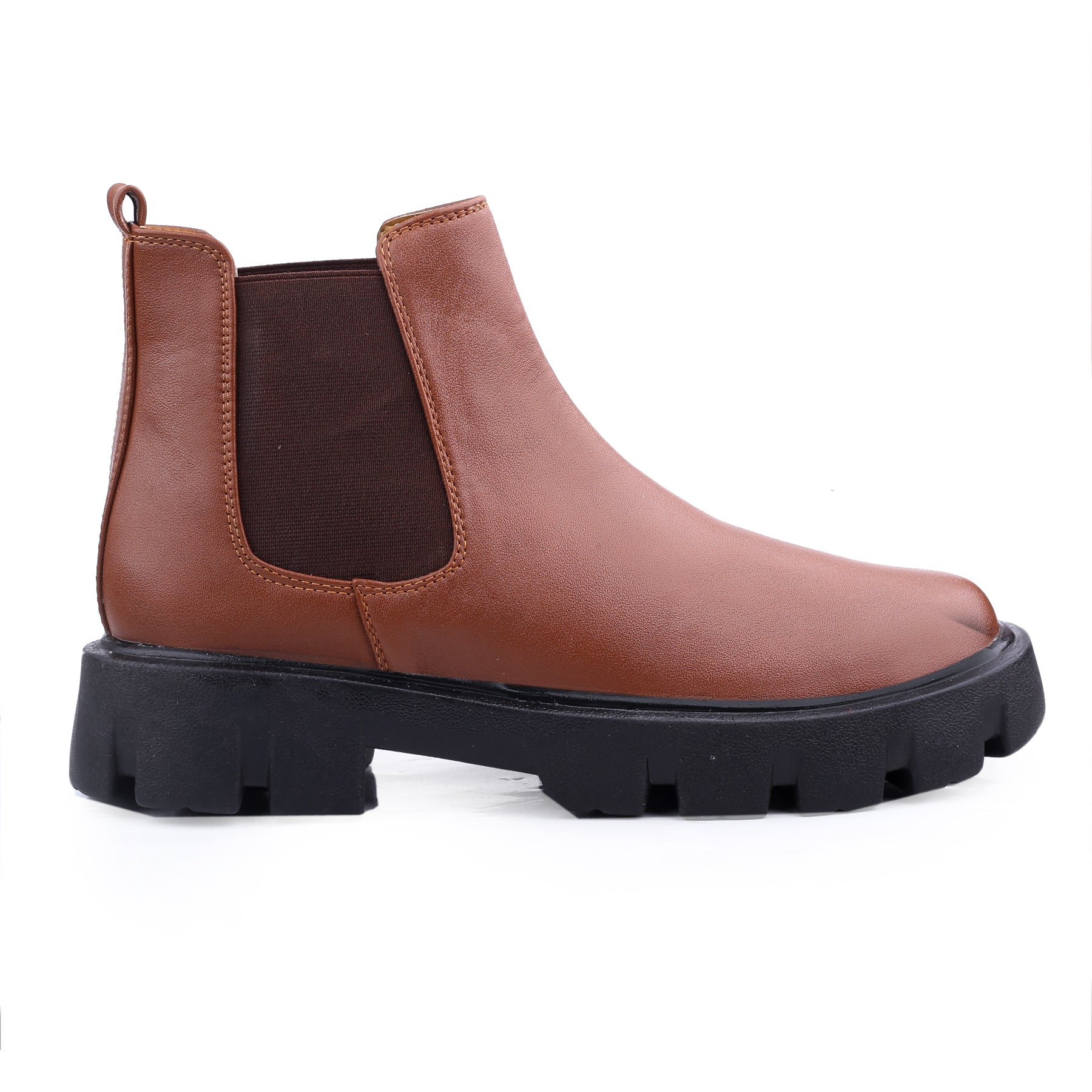 Brown leather Chelsea boot with a black sole on a white background