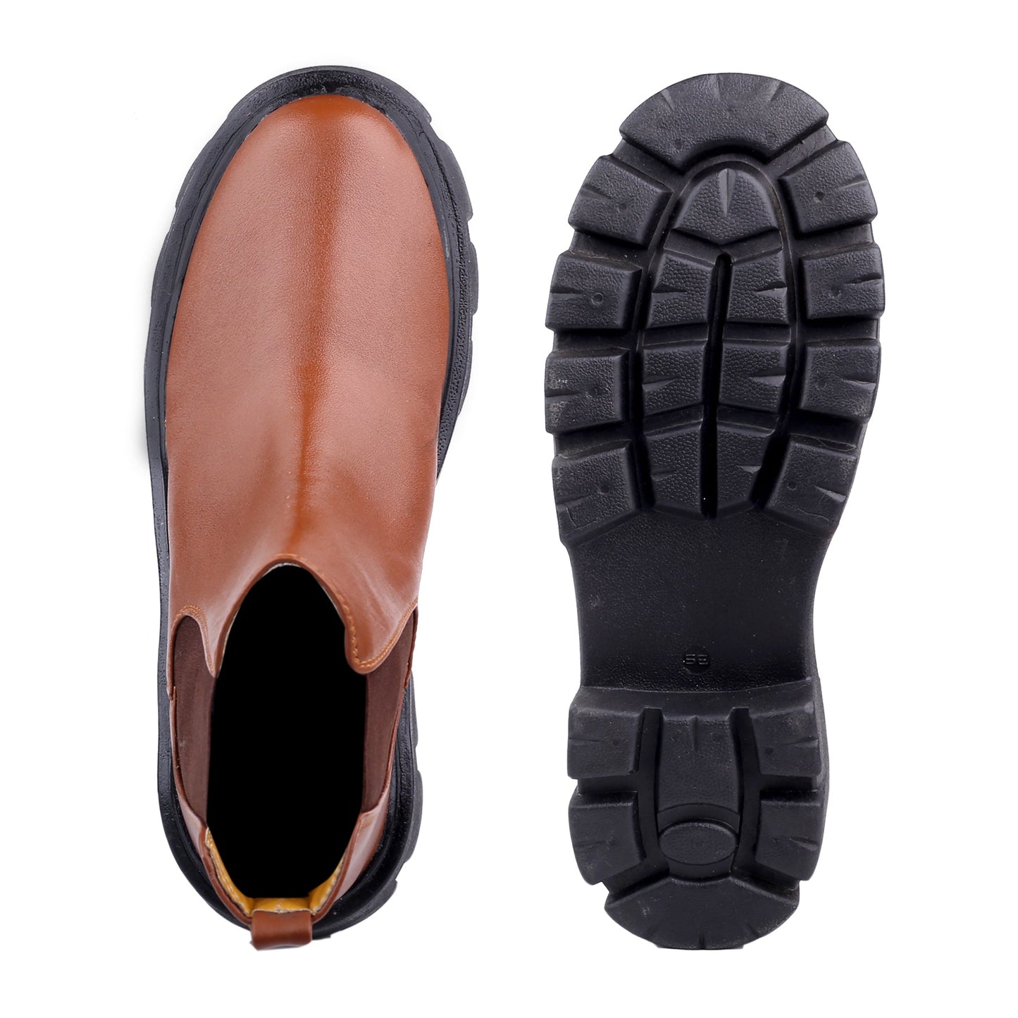 Brown leather boot with black sole on a white background