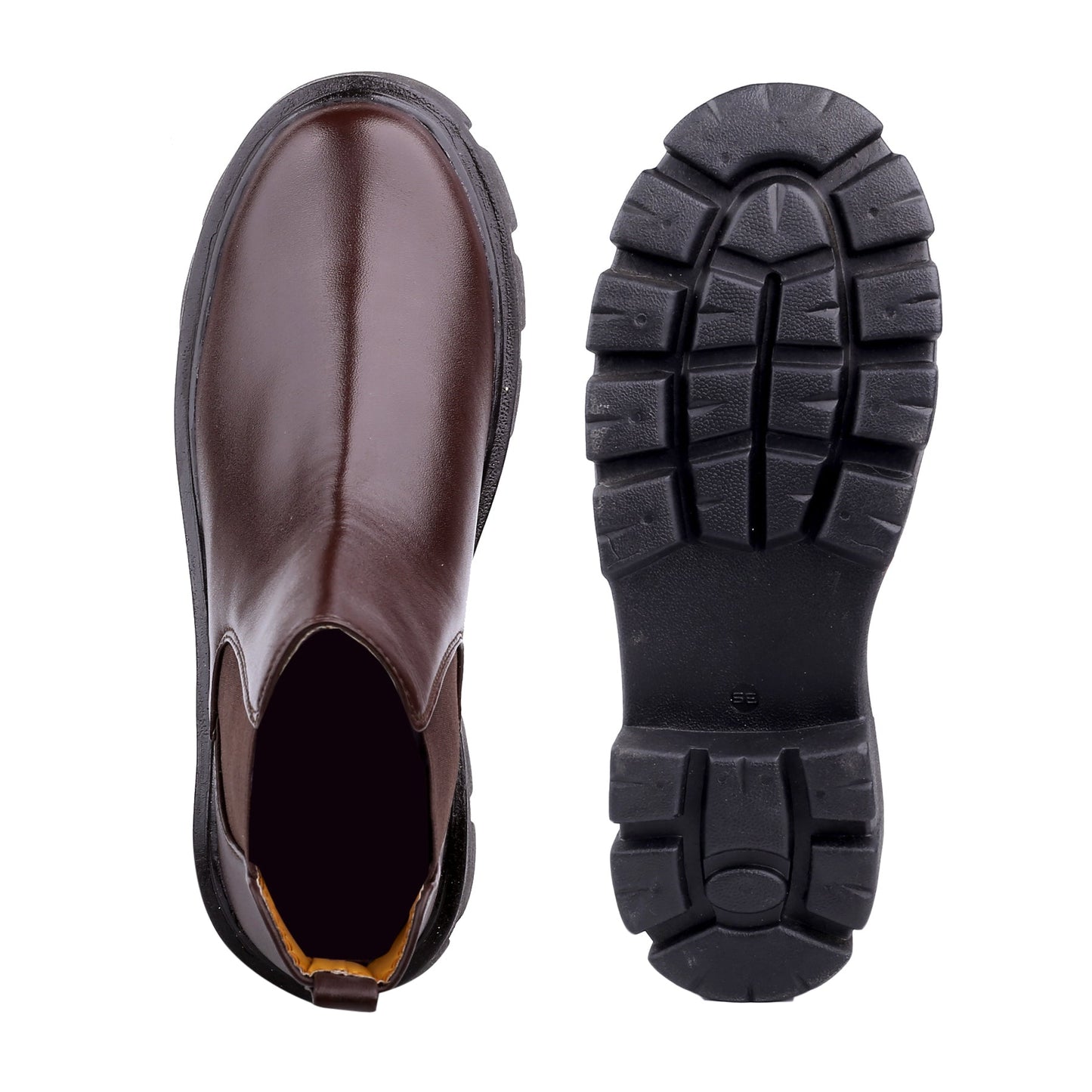 Brown leather boot with black sole on a white background