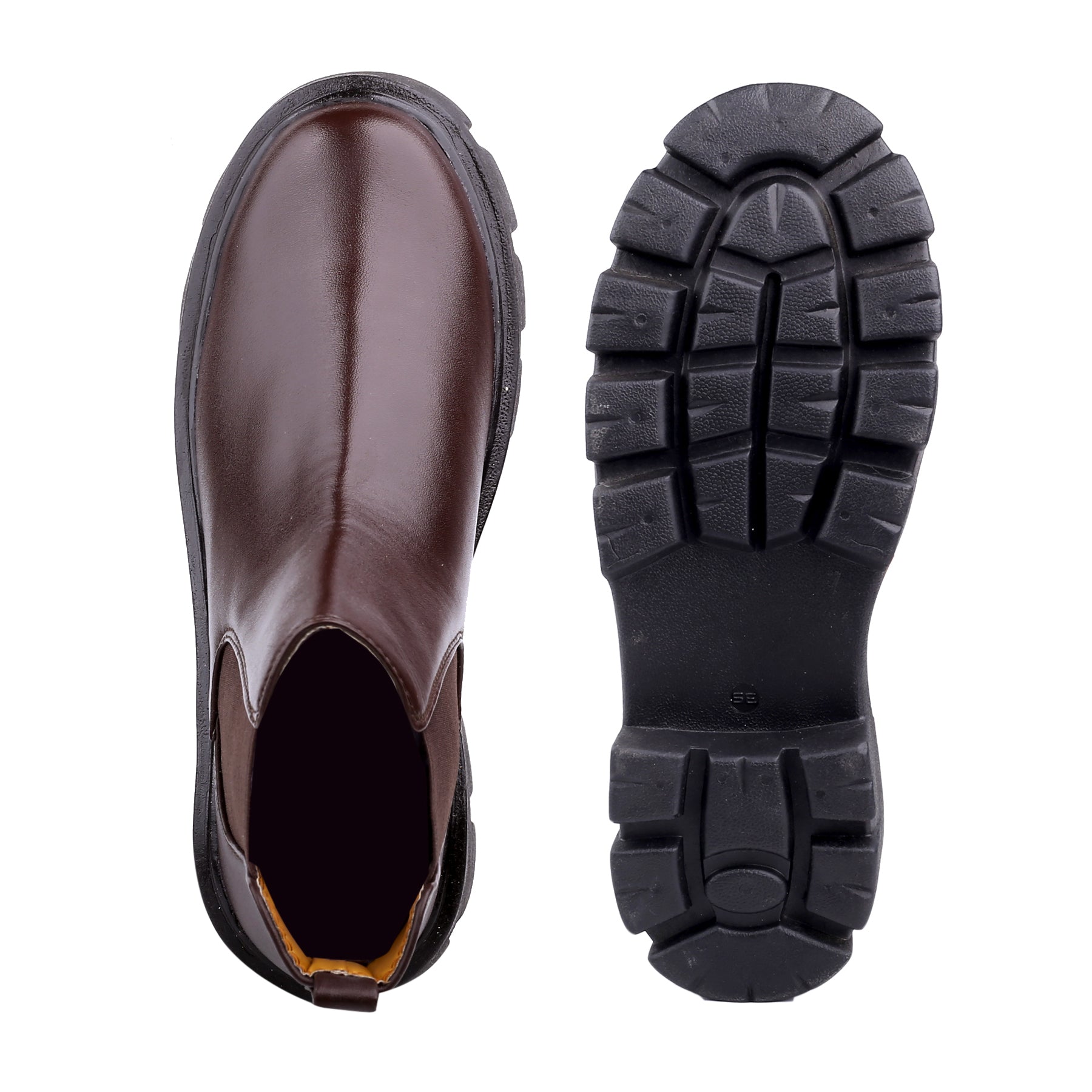 Brown leather boot with black sole on a white background