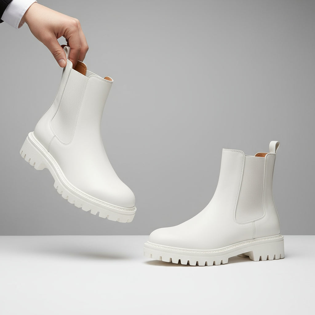 White boots with brown soles on a beige background