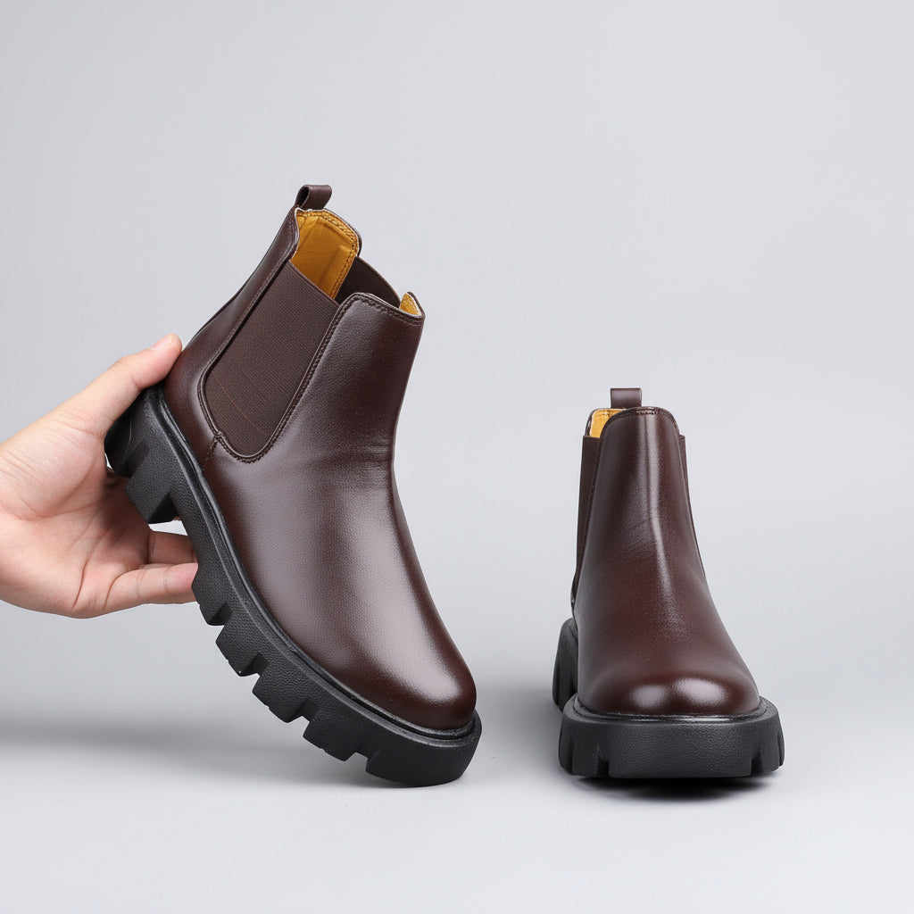 Pair of brown leather boots with black soles on a beige background