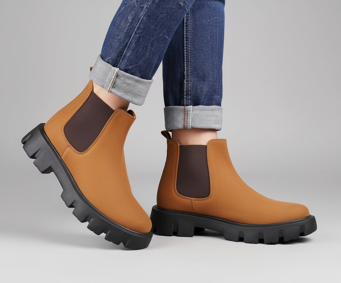 Brown Chelsea boots with black soles worn with blue jeans on a wooden floor.