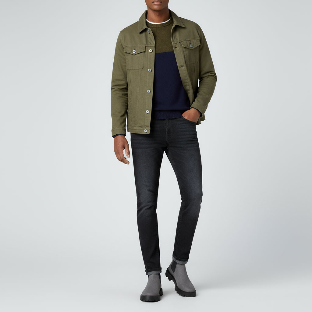 Gray Chelsea boots worn with light pink pants on a wooden floor.