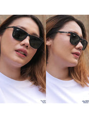 Side-by-side comparison of a woman wearing black sunglasses with a neutral background.