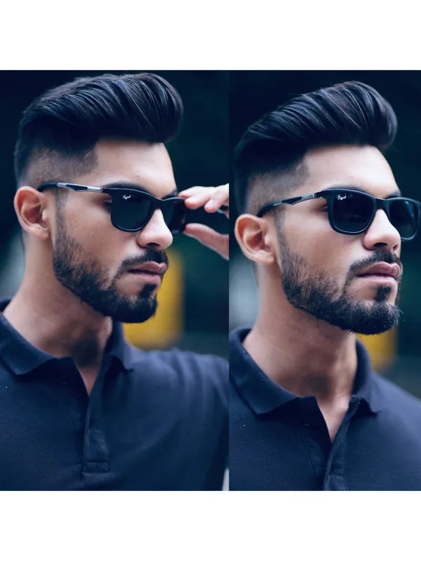 Side-by-side comparison of a man wearing sunglasses with a blurred background