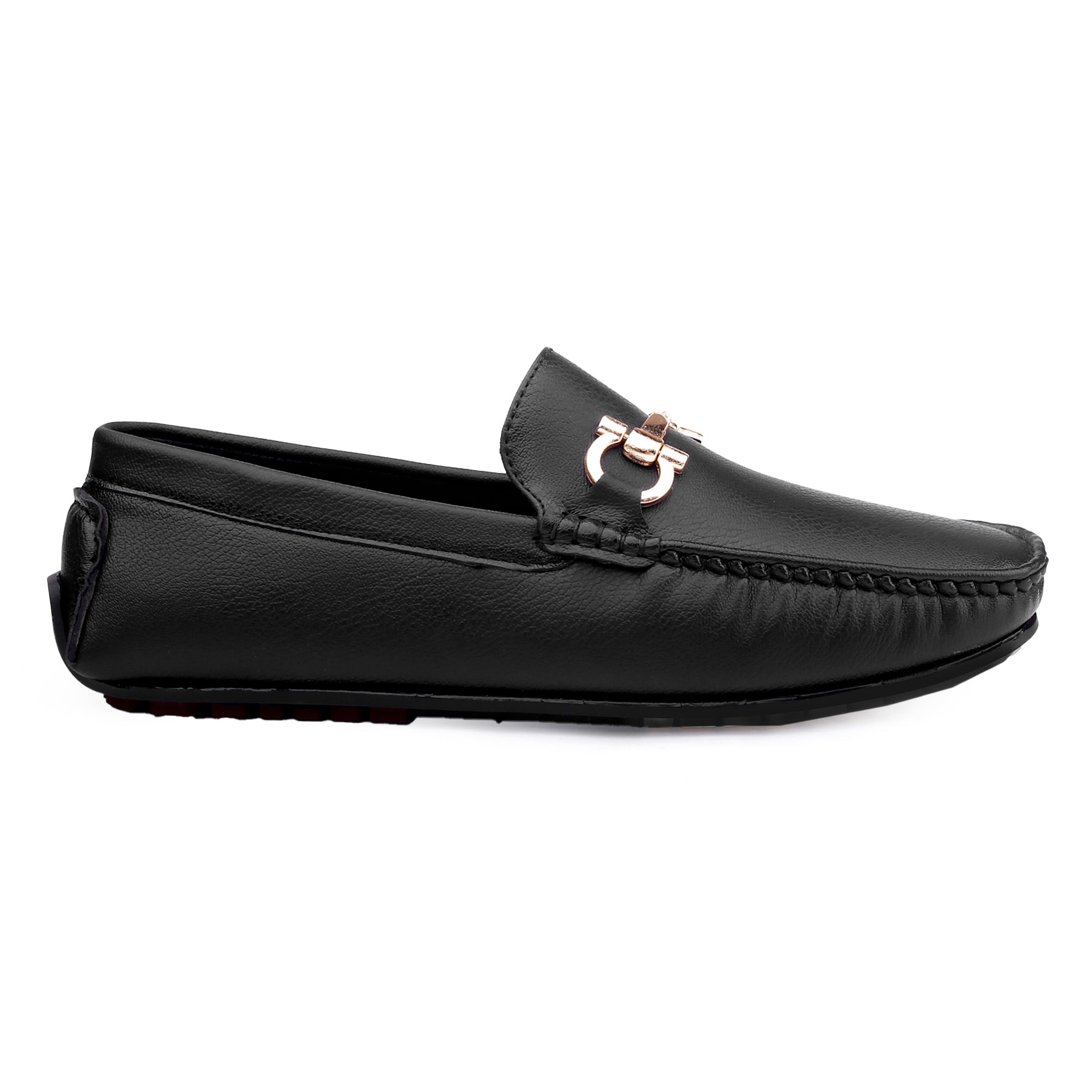 Black loafer shoe with a gold logo on a white background