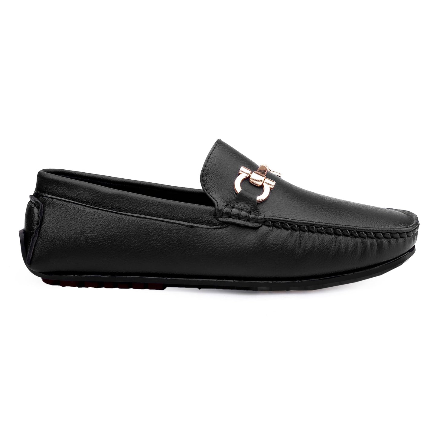 Black loafer shoe with a gold logo on a white background