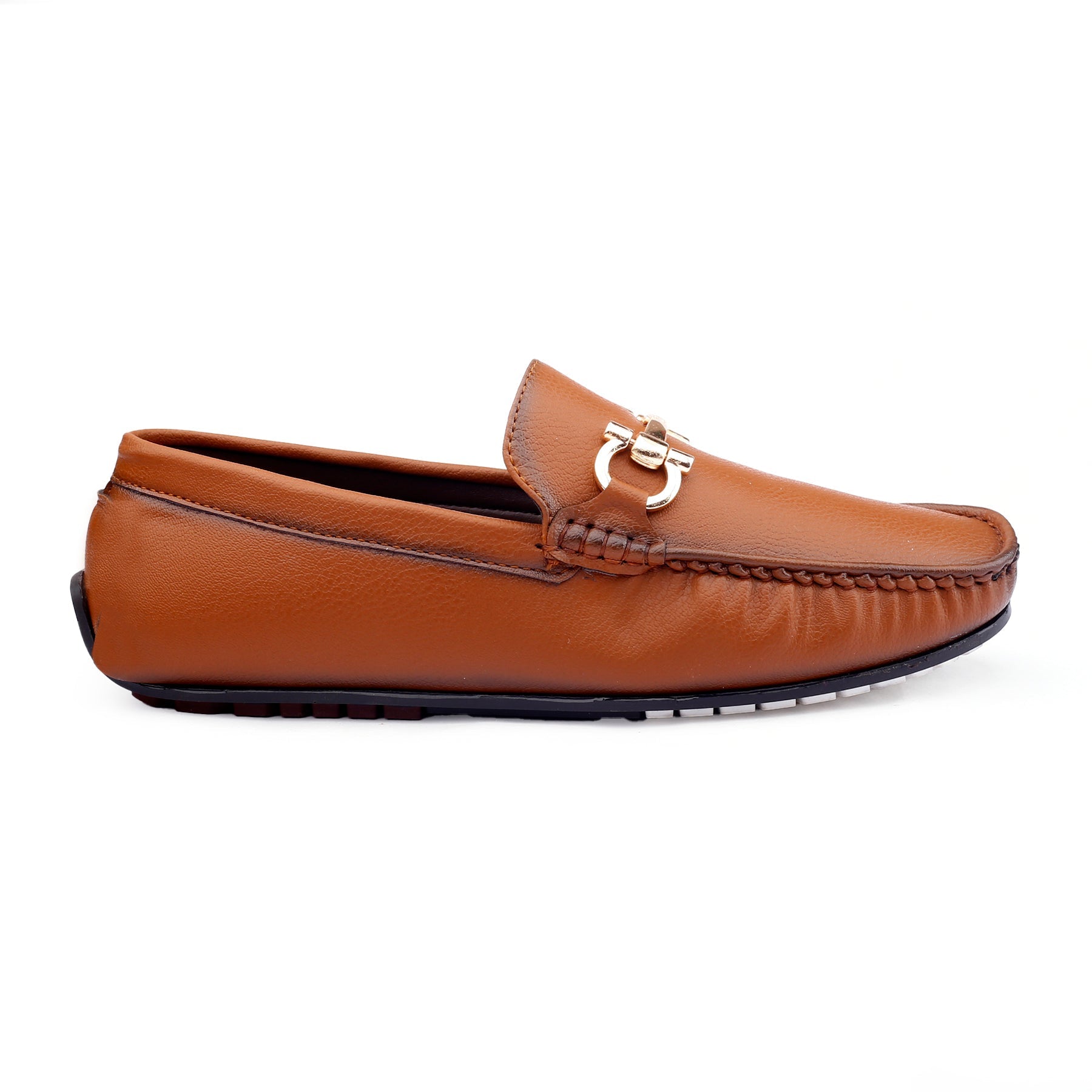 Brown leather loafer with a decorative buckle on a white background