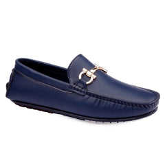 Navy blue loafer with a gold buckle on a white background