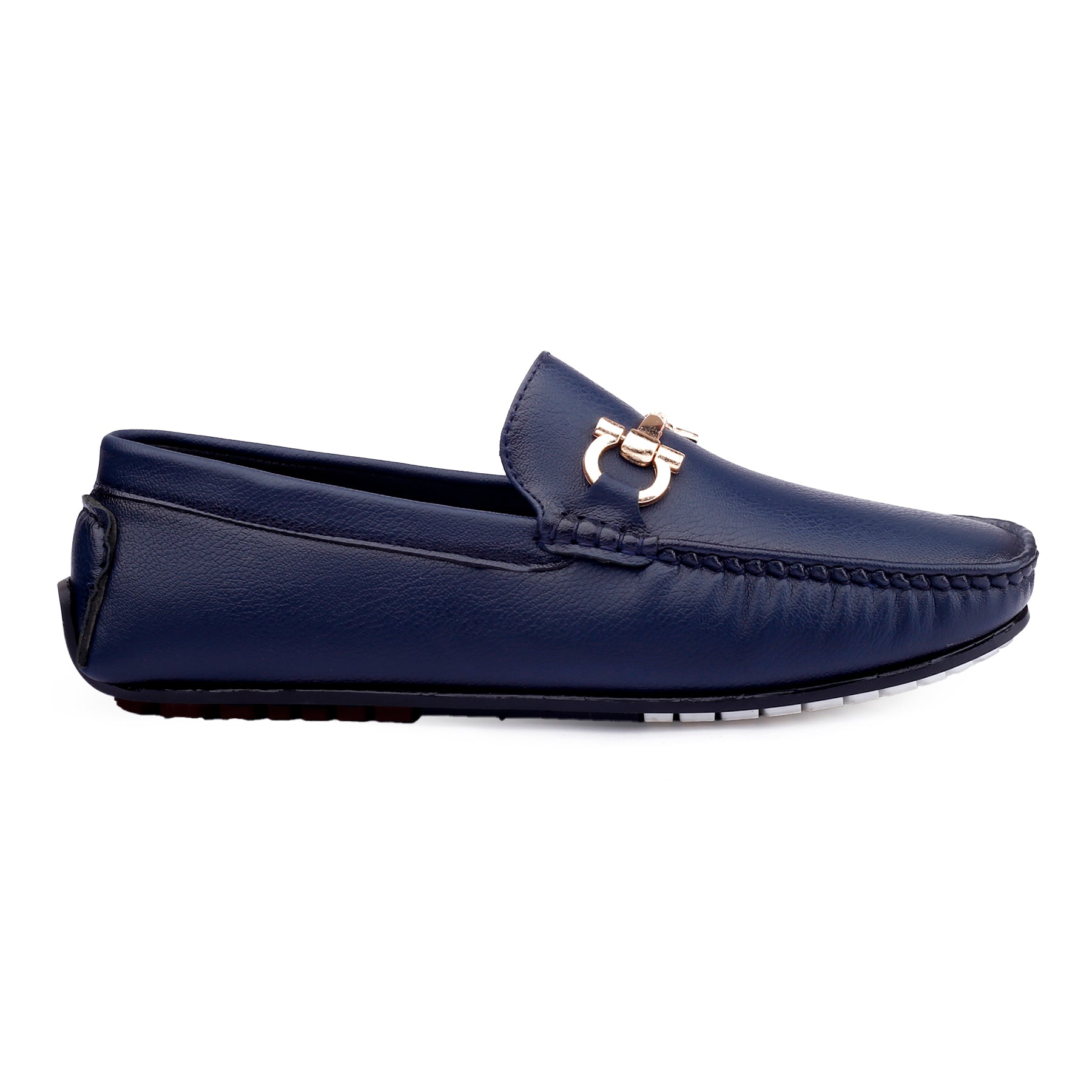 Navy blue loafer with a gold buckle on a white background