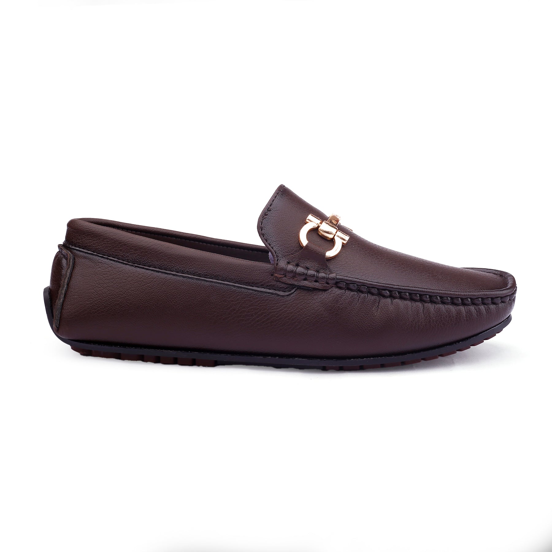 Brown leather loafer with a gold buckle on a white background