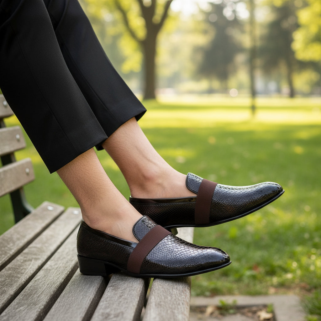 Pair of brown loafers with snake skin pattern on a white background