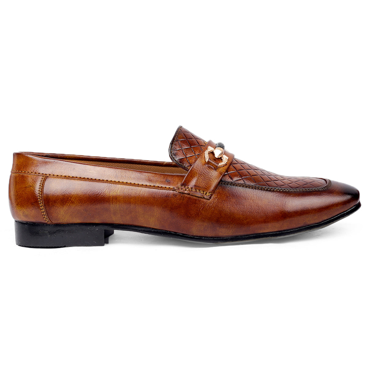 Brown leather loafer with a decorative buckle on a white background