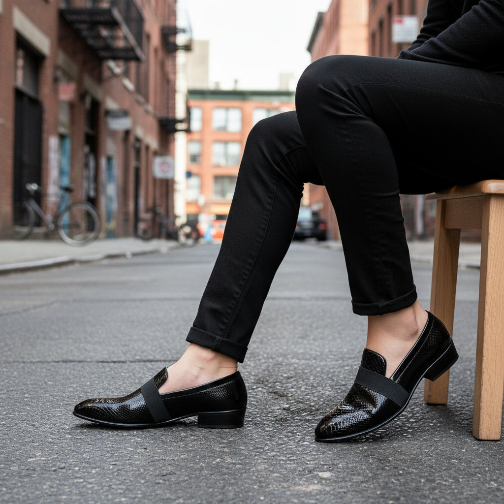 Black patent leather shoes worn by a person on a light blue background