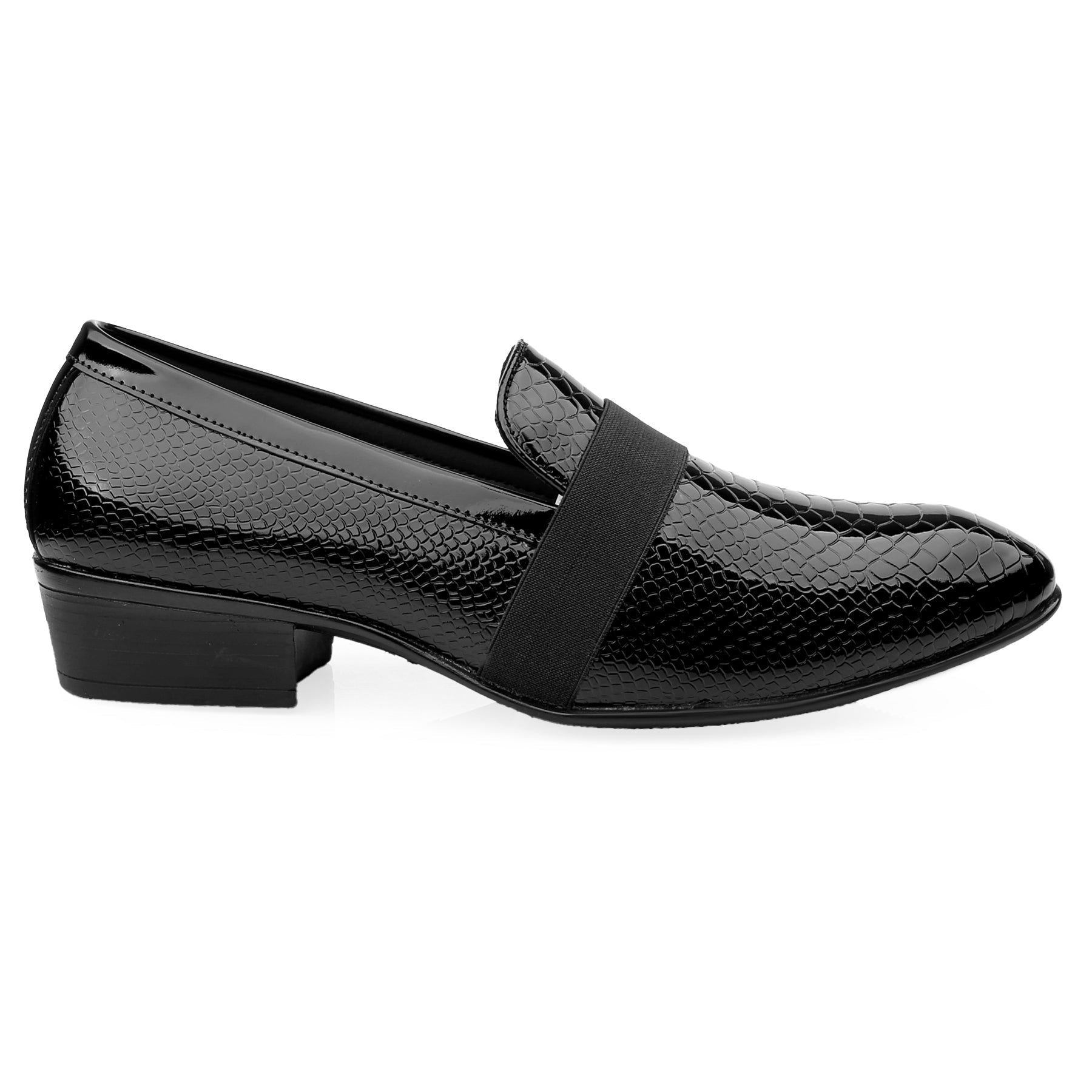 Black shoe with a strap on a white background