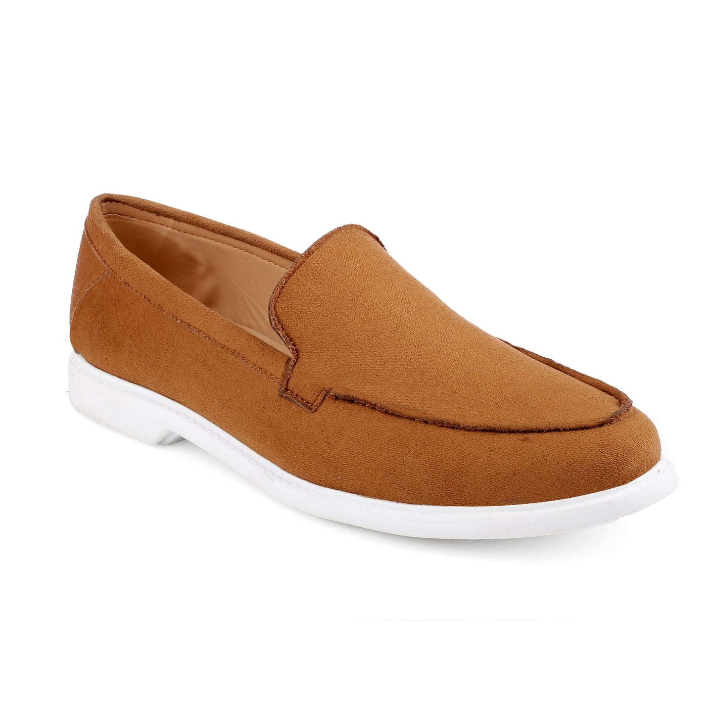 Brown loafer shoe with white sole on a white background