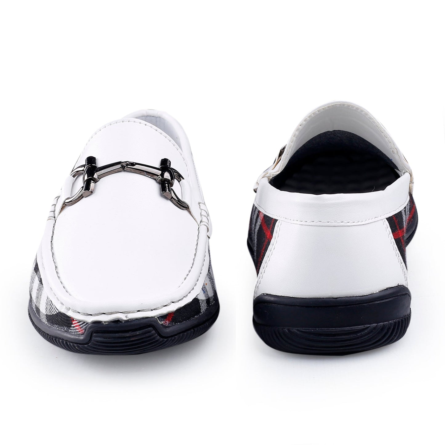 White shoes with black soles on a white background