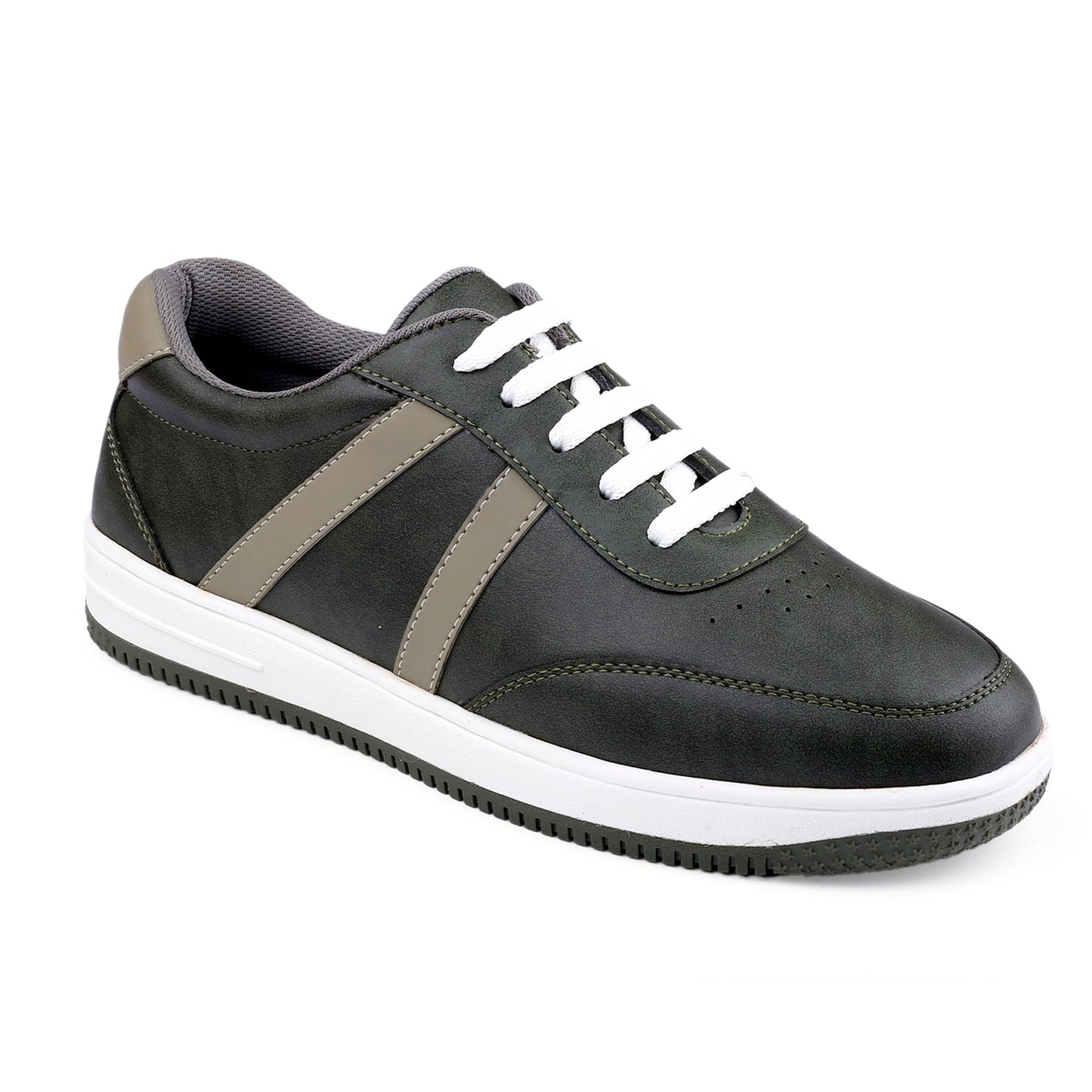 Black sneaker with white laces and a brown stripe on a white background