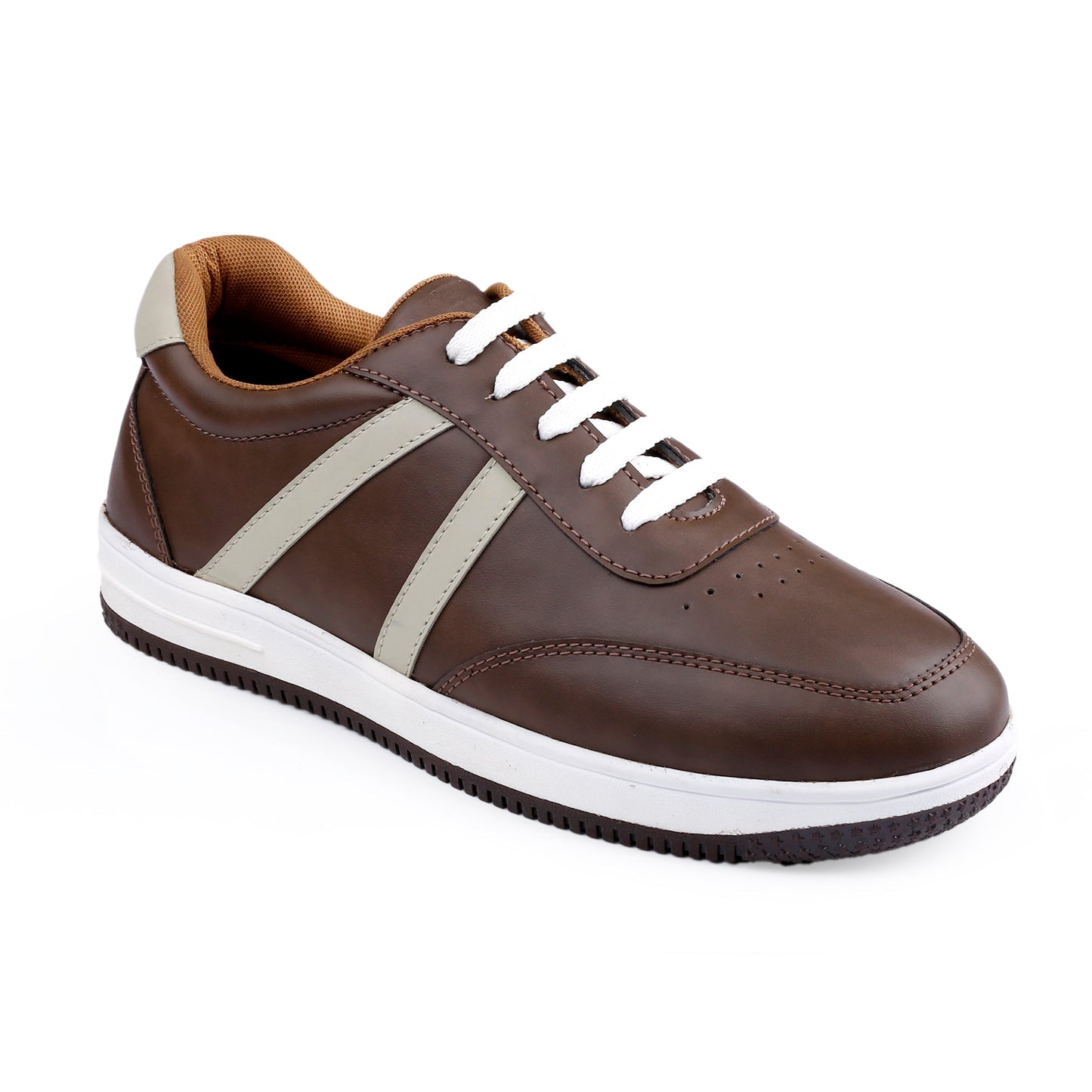 Brown sneaker with white sole on a white background