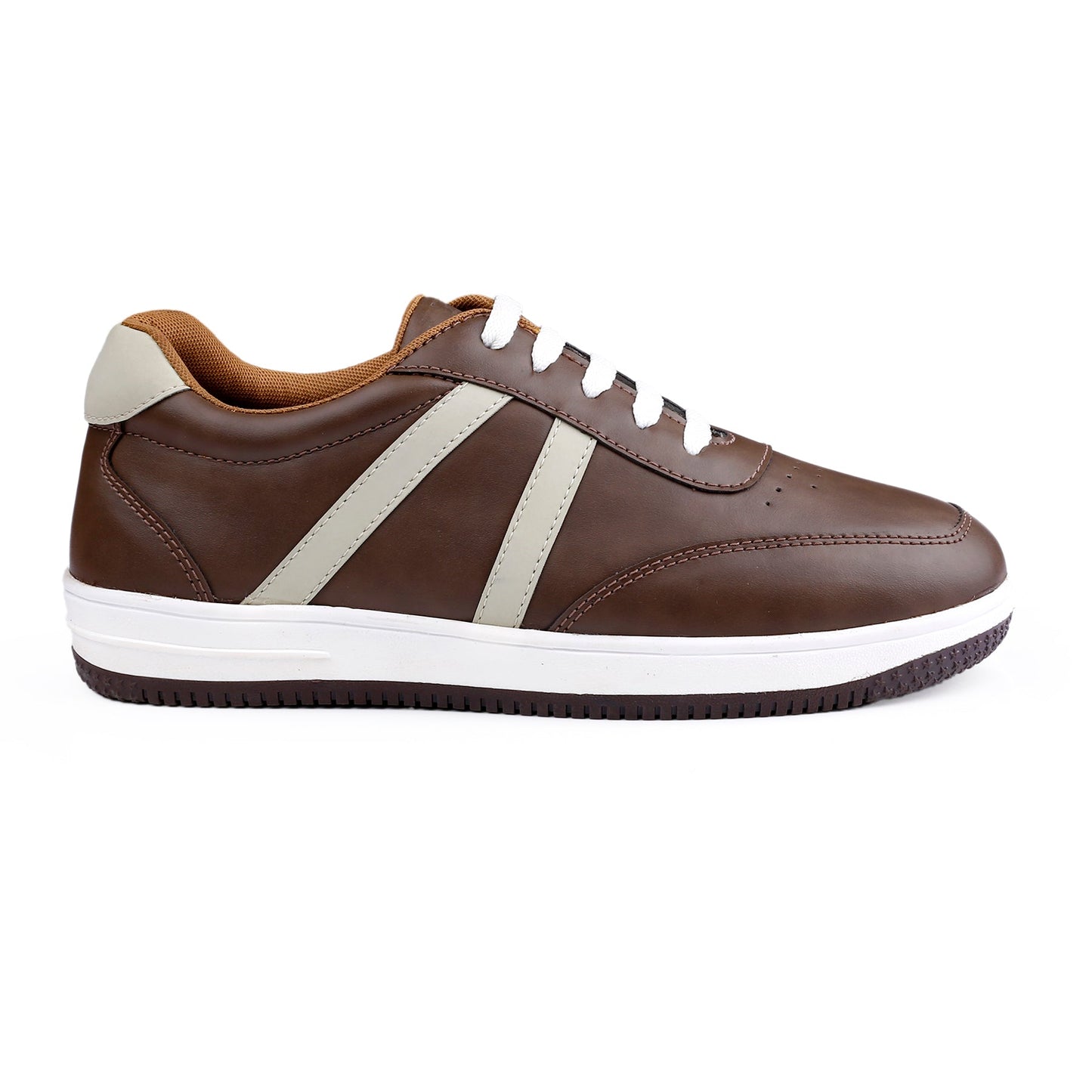 Brown sneaker with white stripes on a white background