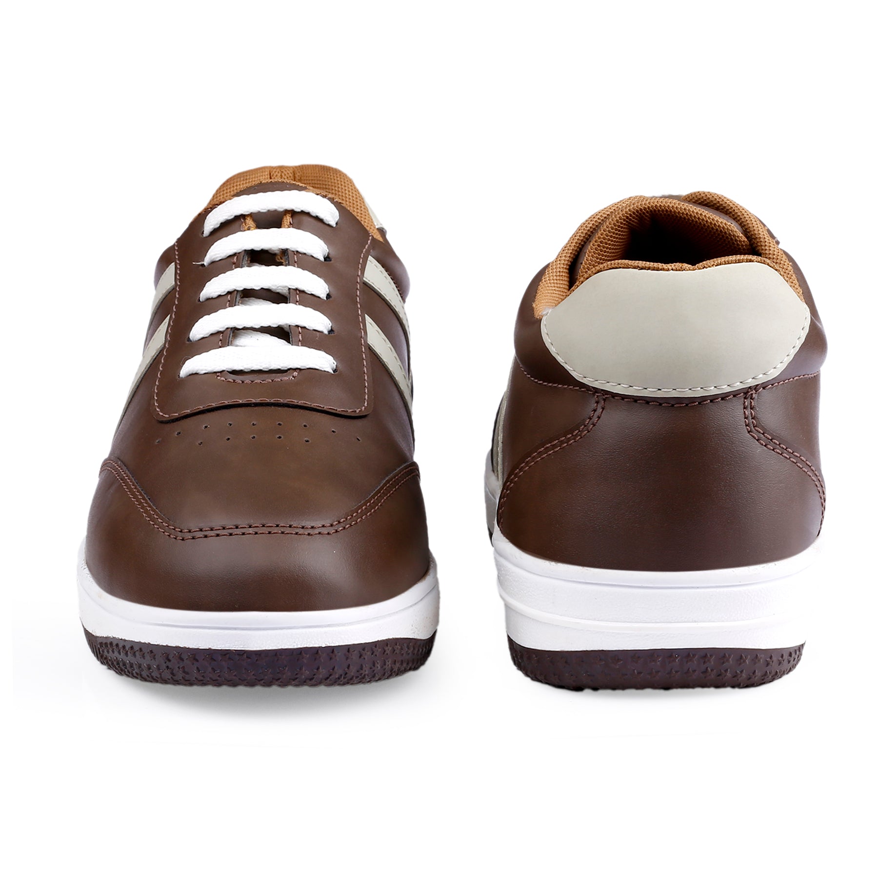 Brown sneakers with white laces and sole on a white background