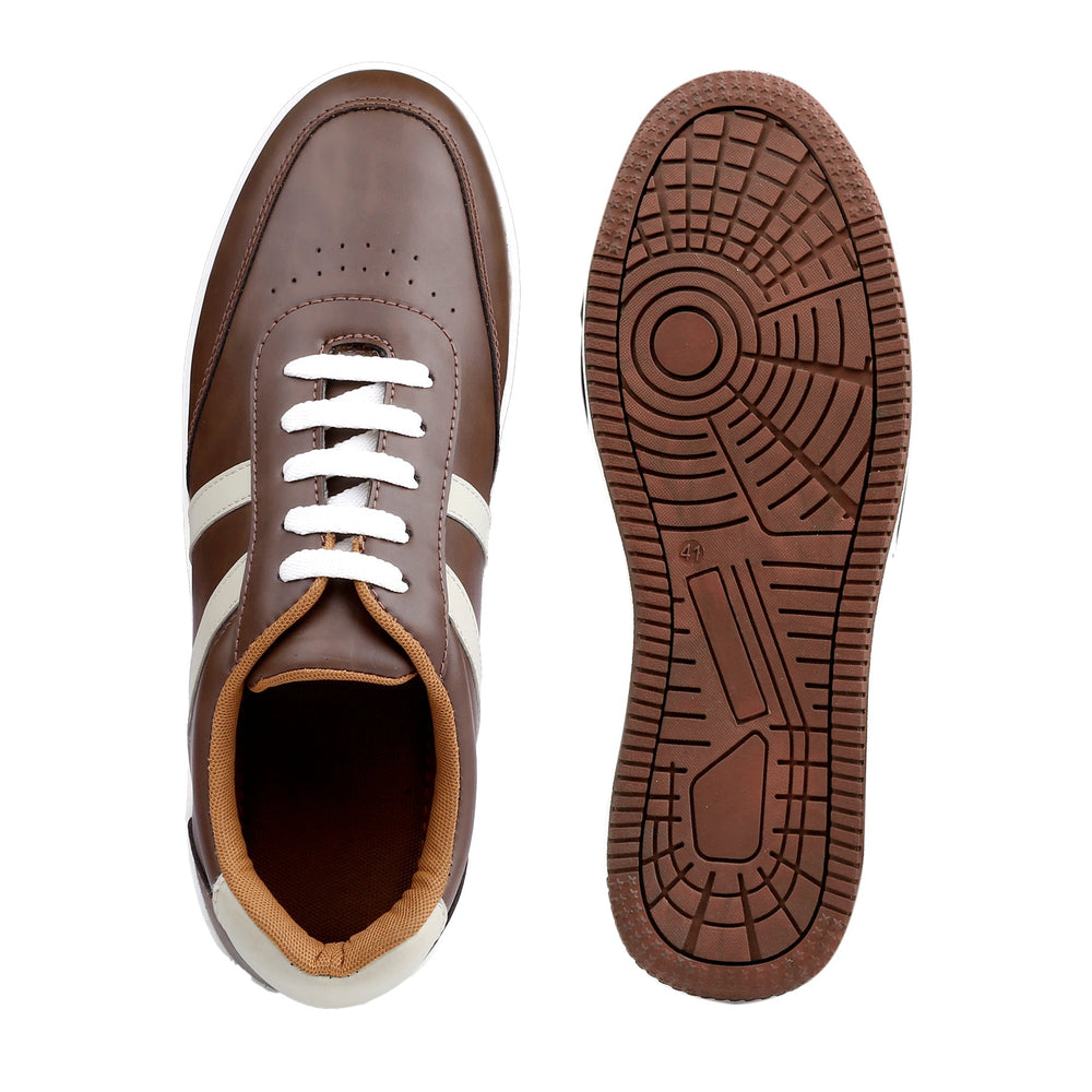 Brown leather shoe with white laces and sole on a white background