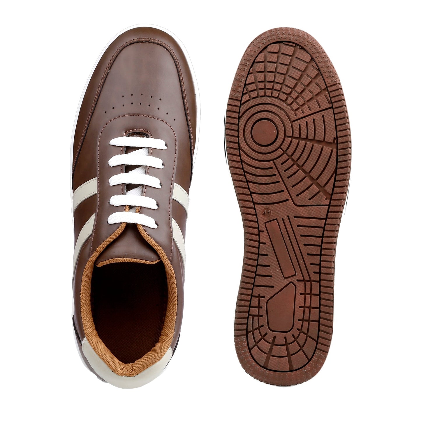 Brown leather shoe with white laces and sole on a white background
