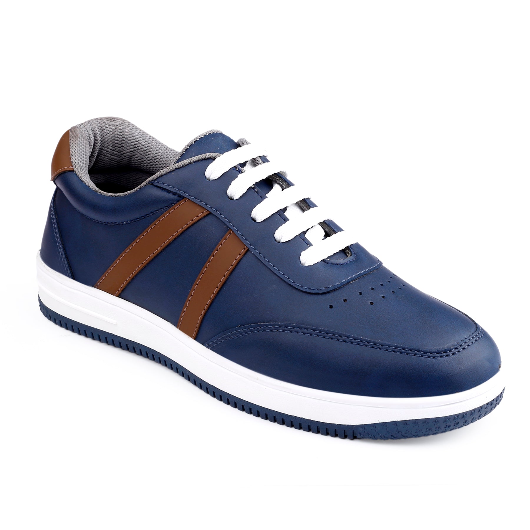 Blue sneaker with brown stripes on a white background