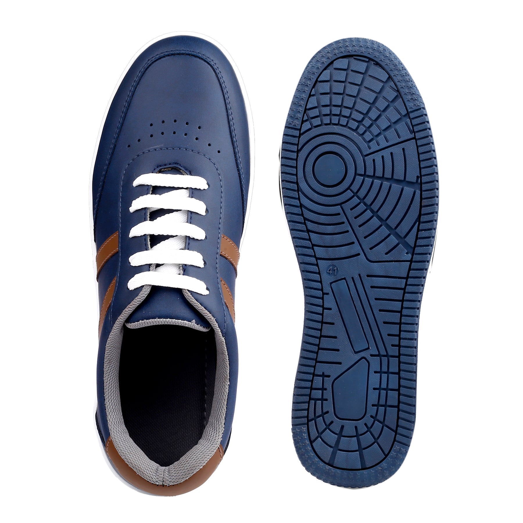 Blue sneaker with white laces and brown accents, showing both the top and sole on a white background.