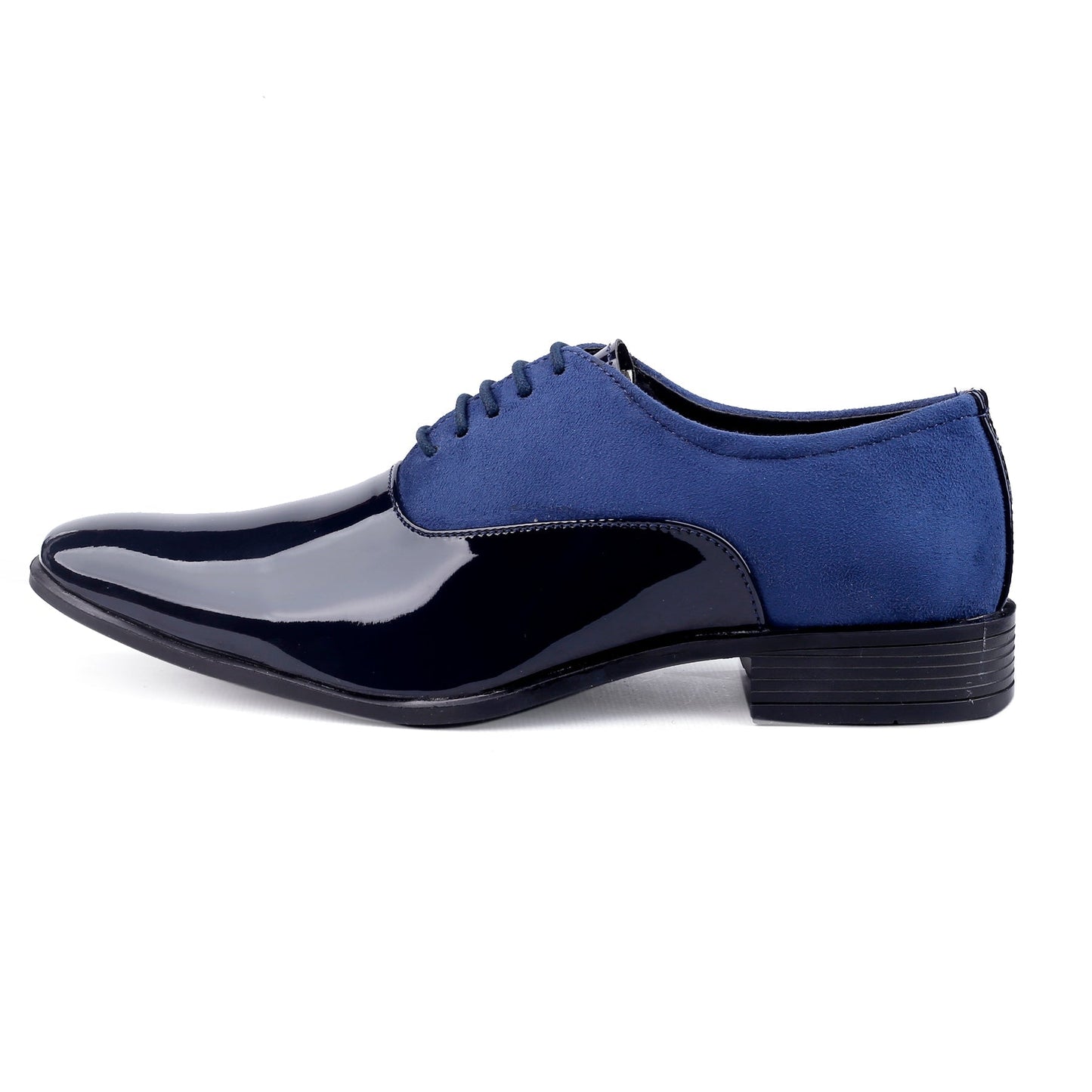 Blue dress shoe with black patent leather sole on a white background