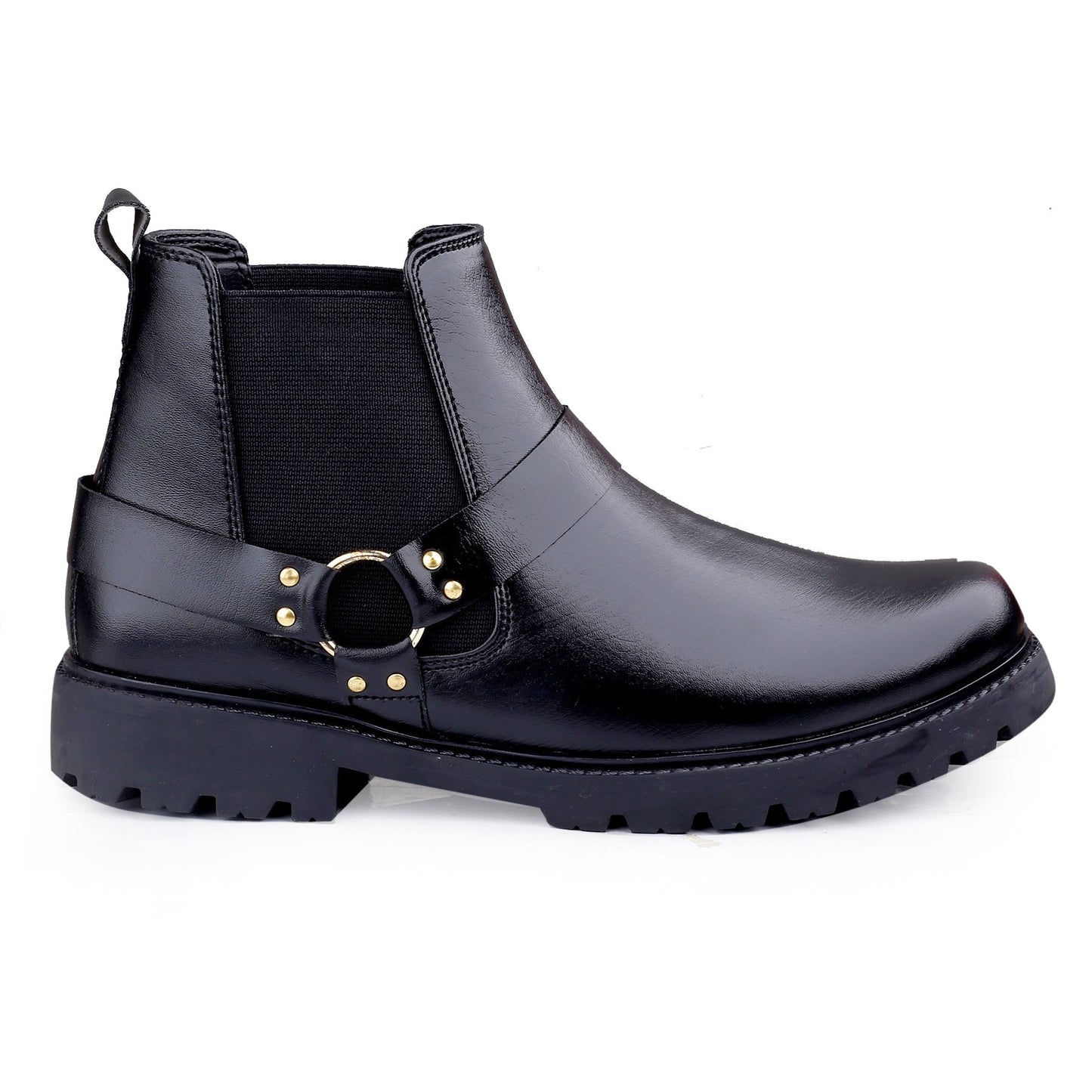 Black leather boot with gold buckle on a white background