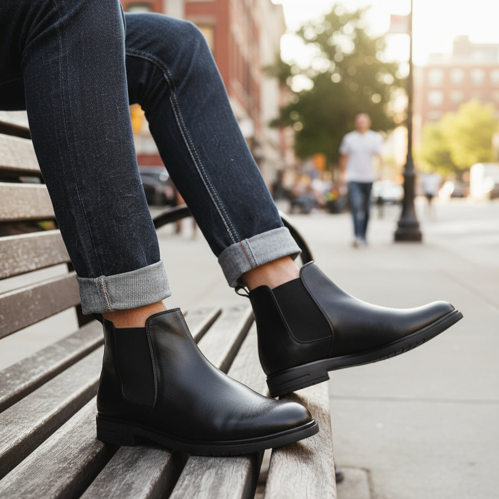 Black leather Chelsea boots worn with rolled-up jeans on a wooden floor.