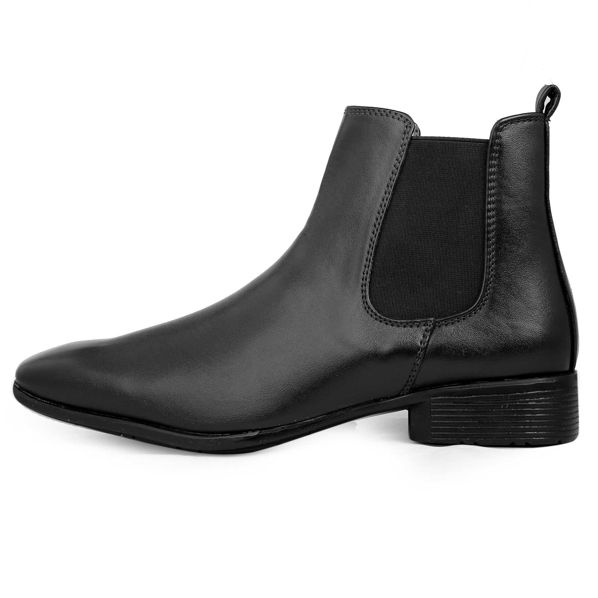 Black leather Chelsea boot on a white background