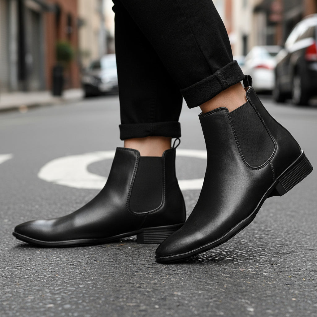 Black Chelsea boots worn with black pants on a light gray background