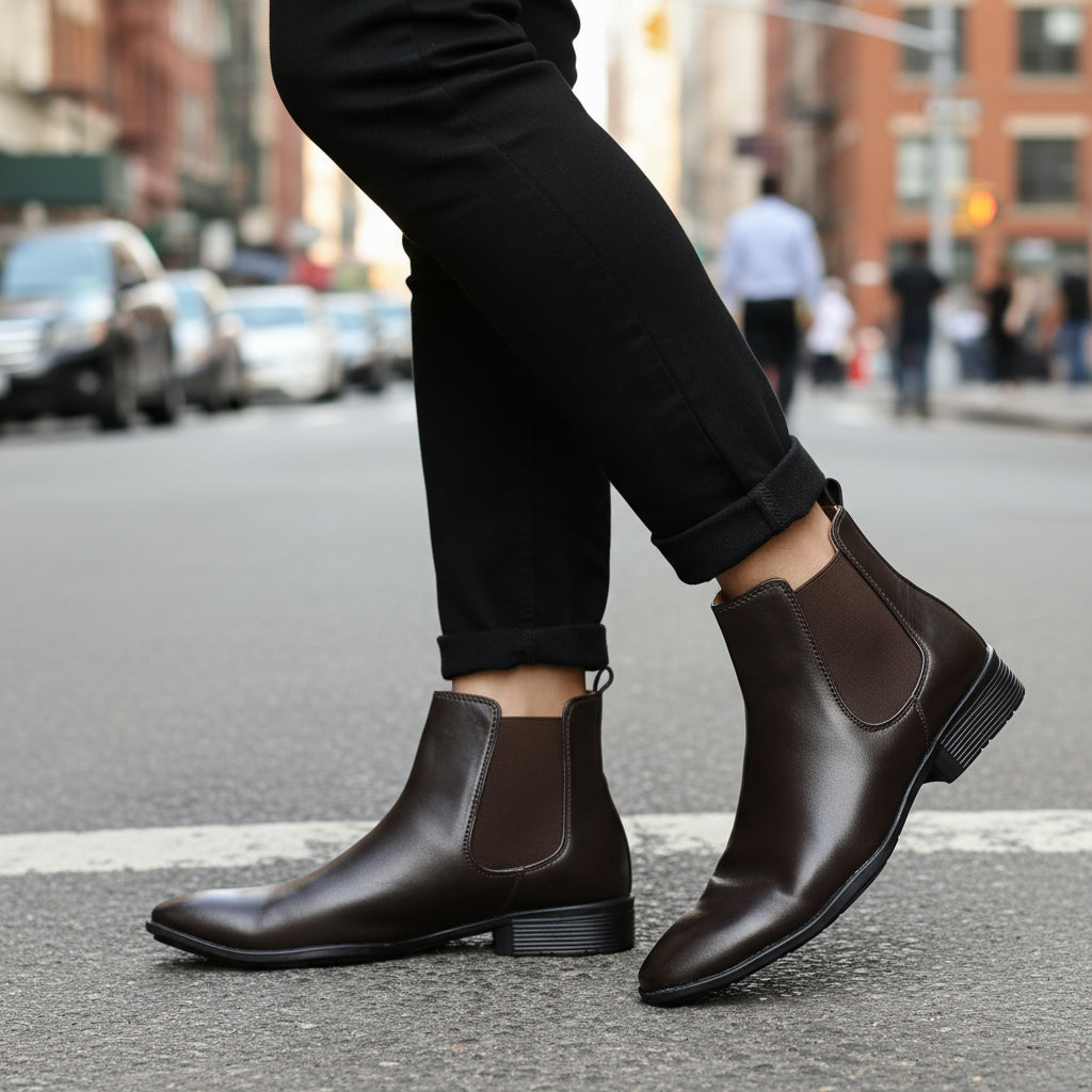 Brown leather Chelsea boots worn with black pants on a light background